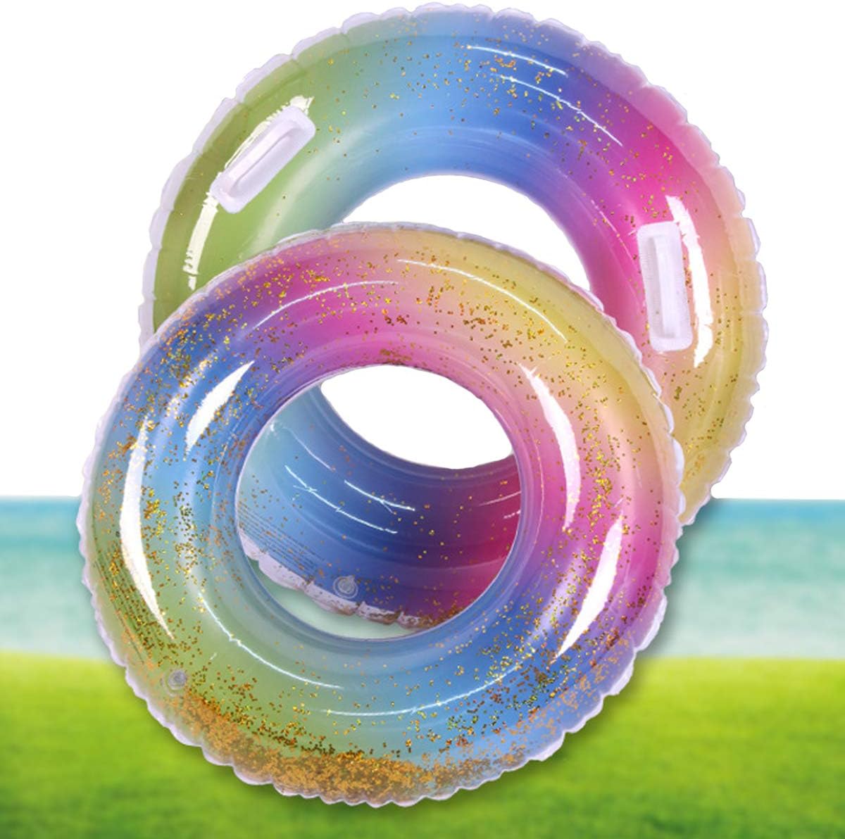 Dancepandas Glitter Filled Rainbow Swimming Ring 2PCS Inflatable Pool Float Round Swimming Float Tube Swimming Pool Toys for Kids Adults Fun Water Activities