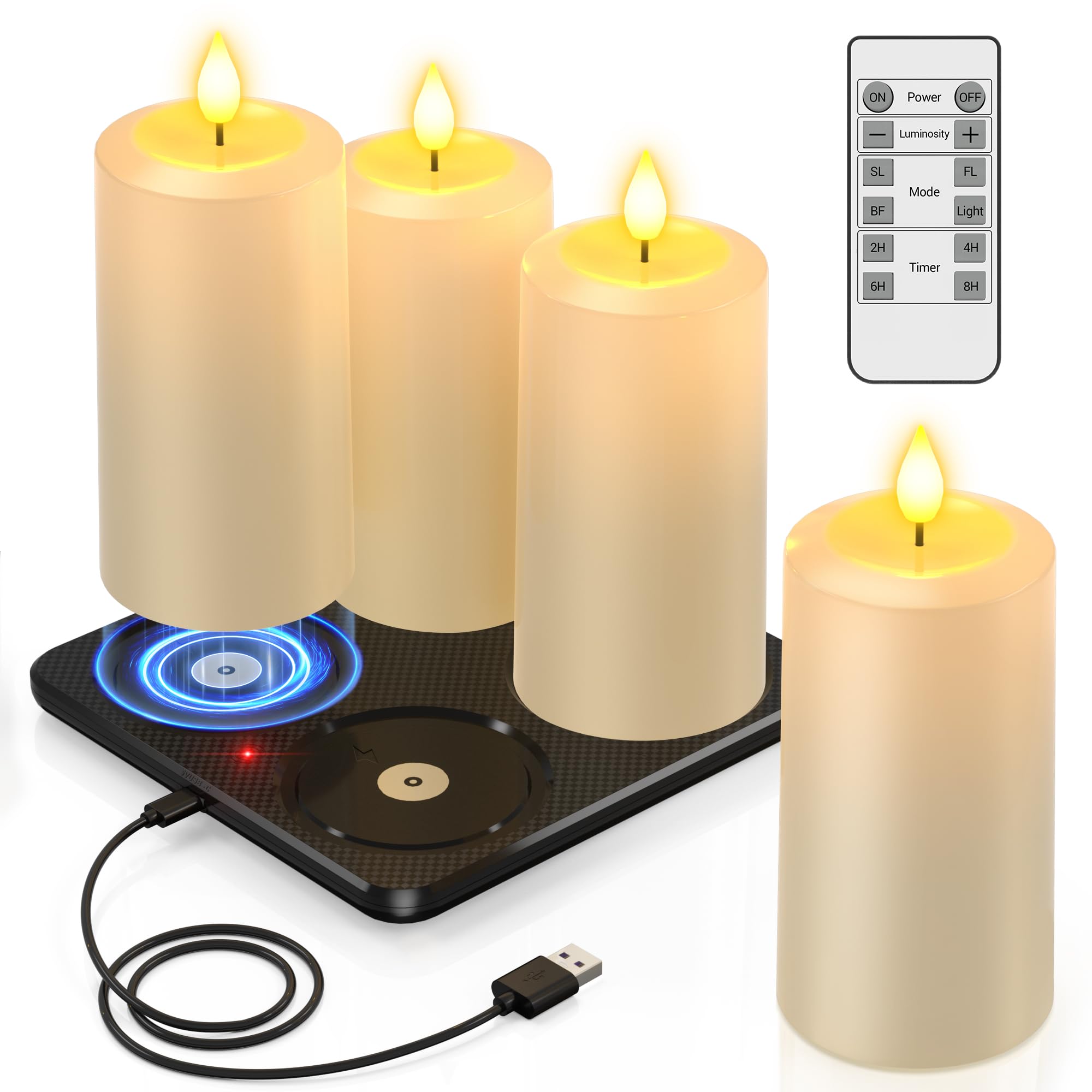 PChero LED Kerzen Aufladbar mit Magnet Ladestation & Fernbedienung, 4er Set | Wiederaufladbare LED Kerzen Outdoor, mit Timerfunktion, IP54 Wasserdicht, Stumpenkerzen, 90-200 Std. Laufzeit, Außen Deko
