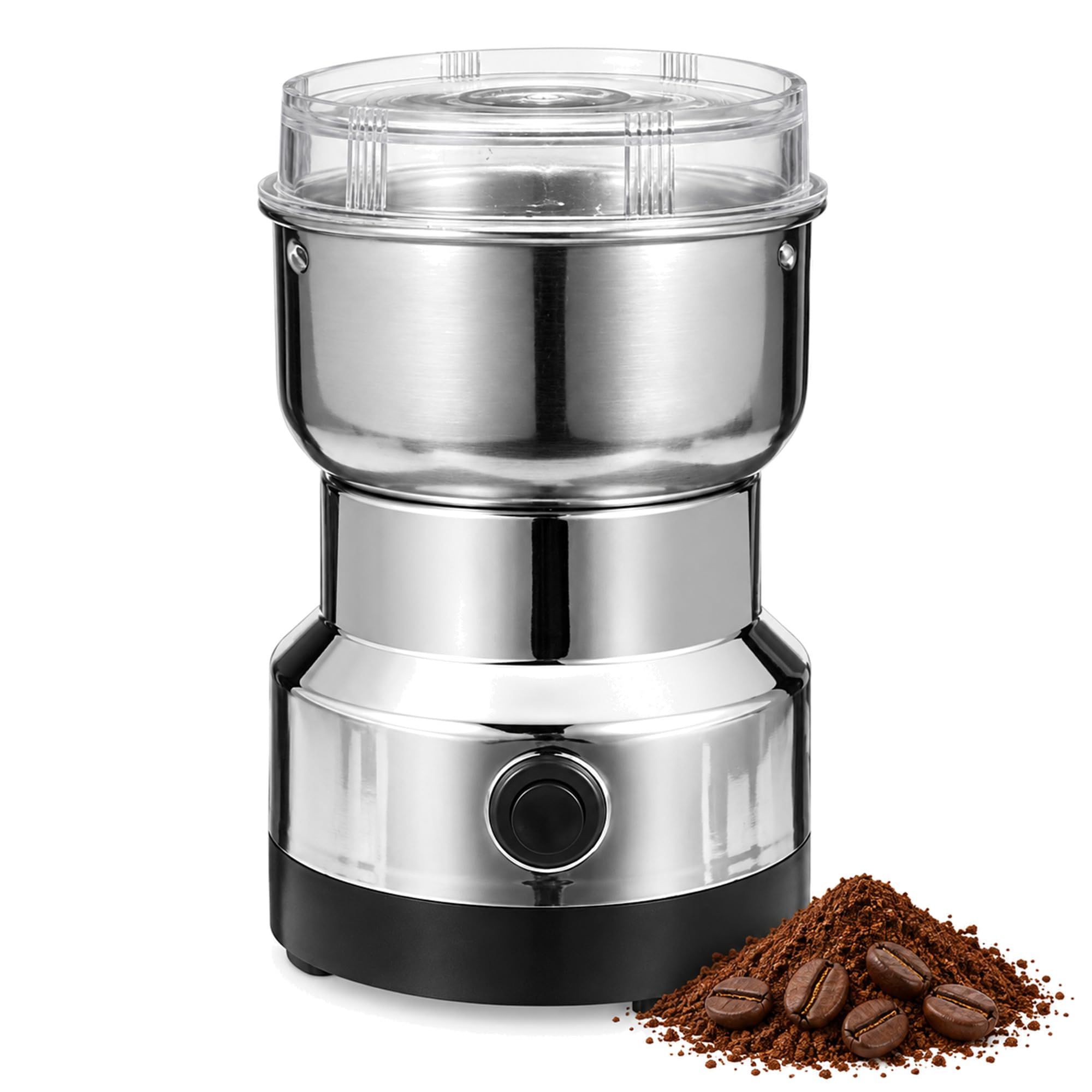 Electric Coffee Grinder, Fine Powder in About 10 Seconds, 304 Stainless Steel Blade, Clear Lid, Push-Button Control, UK Plug