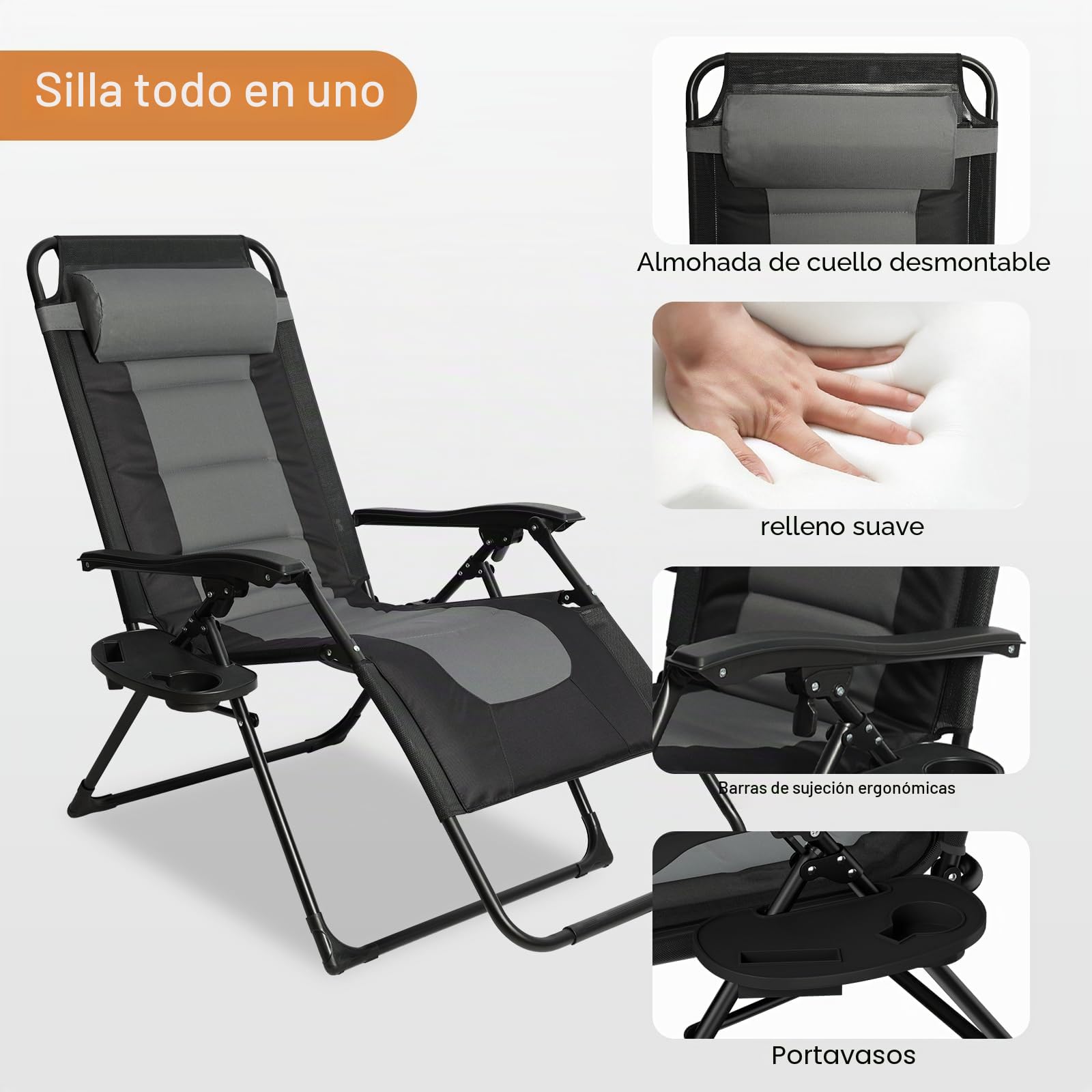 Silla Gravedad Cero con Portavasos y Reposacabezas, Respaldo Ligero y Ajustable, Tumbonas Plegables hasta 150kg, Sillas Tumbonas para Patio Garden Beach Camping (Gris)