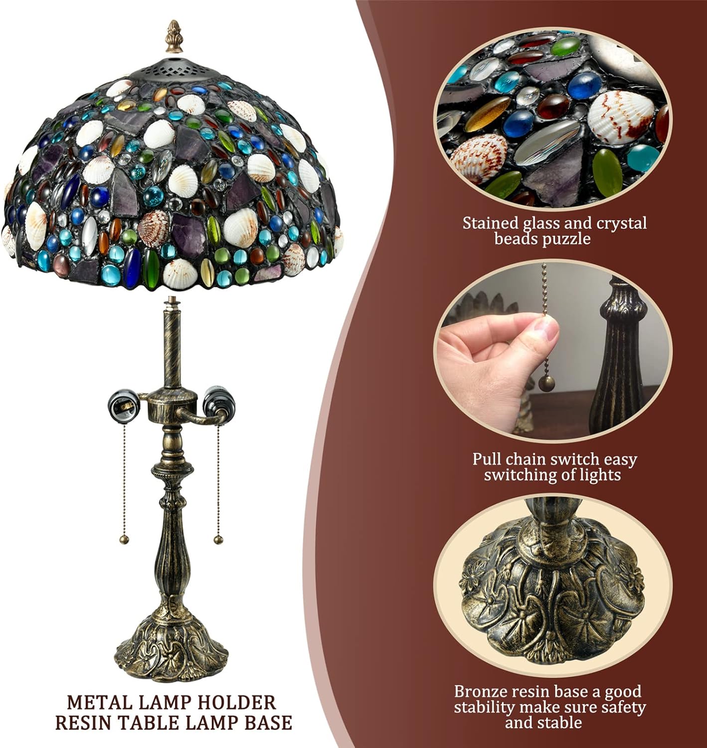 Tiffany Table Lamp,Stained Glass Lamp with Natural Shell,12" Vintage 2-Light Handmade Tiffany Style Lamp,Tiffany Bedside Light for Bedroom Living Room Office(2 LED Bulbs Included)