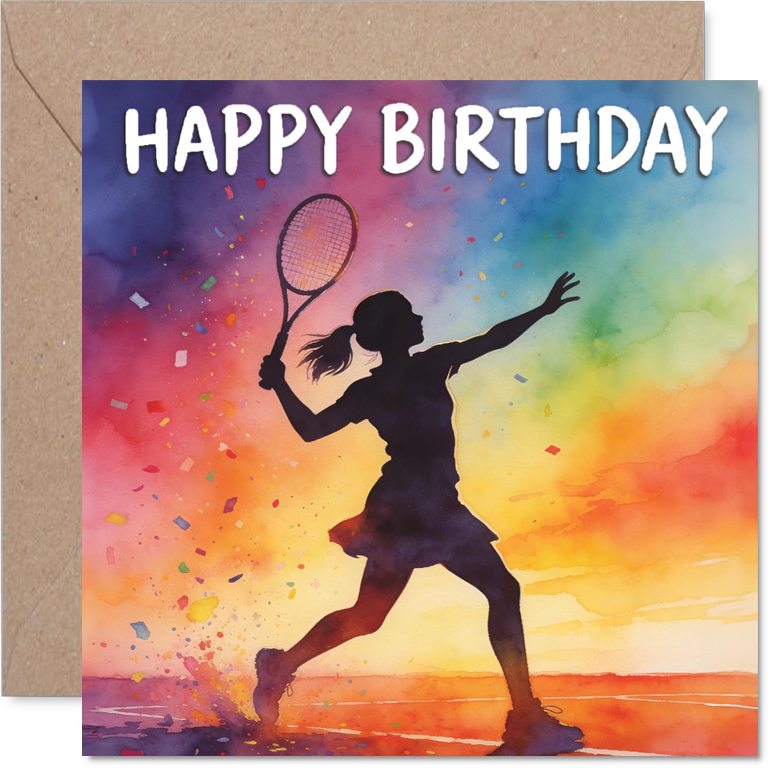 Playful Birthday Card - Serve Up Birthday Cheers - Vibrant Tennis Player Silhouette on a Multicolour Splash - 145mm Square, Envelope Included