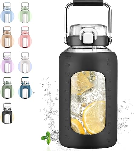 Miniatura 11 de Botella de Agua de Vidrio de 84oz con Mango de Acero Inoxidable, Botella de Agua de 2.5L Galón con Tapa de Pajita 2-EN-1, Funda de Silicona y Azul