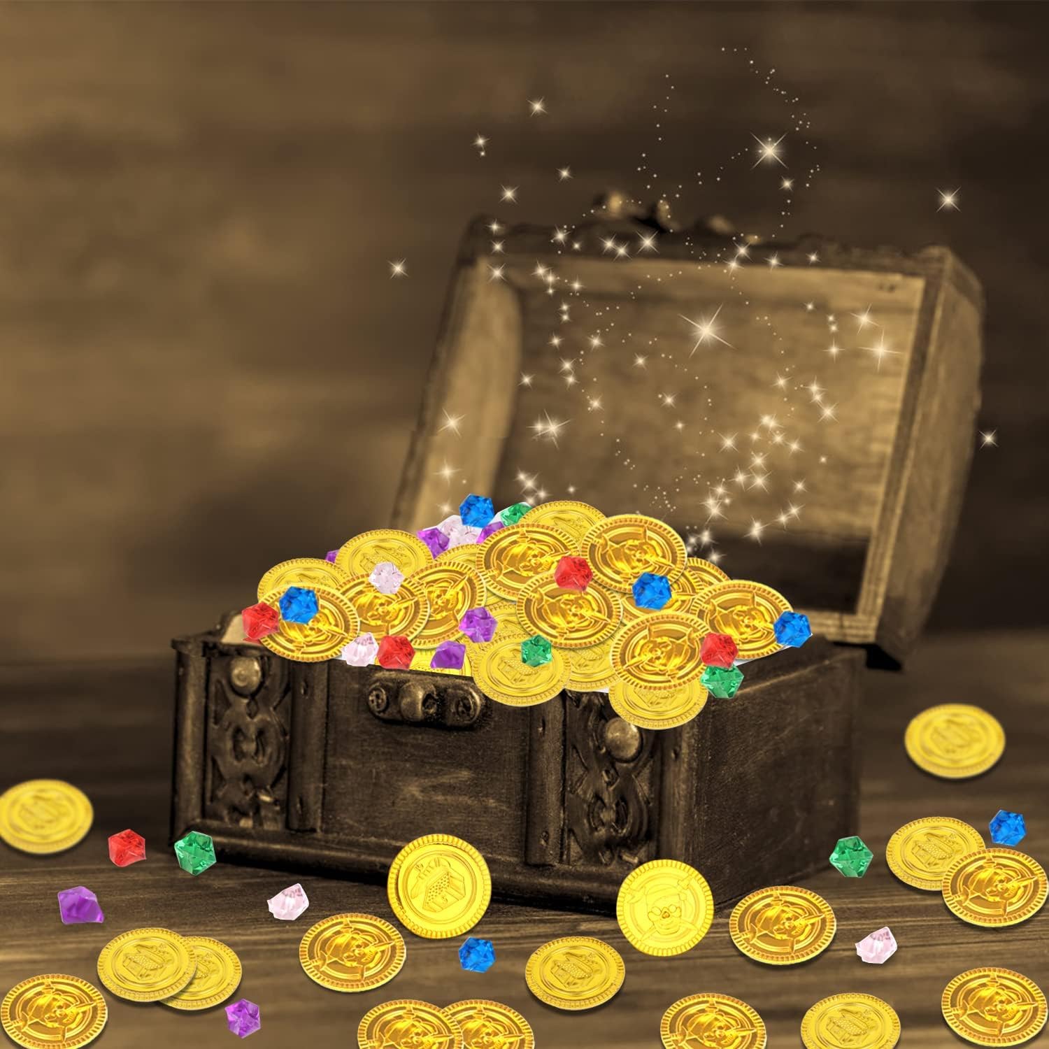DERAYEE 144-teiliges Piraten-Set: 72 Goldmünzen & 72 Edelsteine – Für Schatzsuche, Kindergeburtstag & Deko