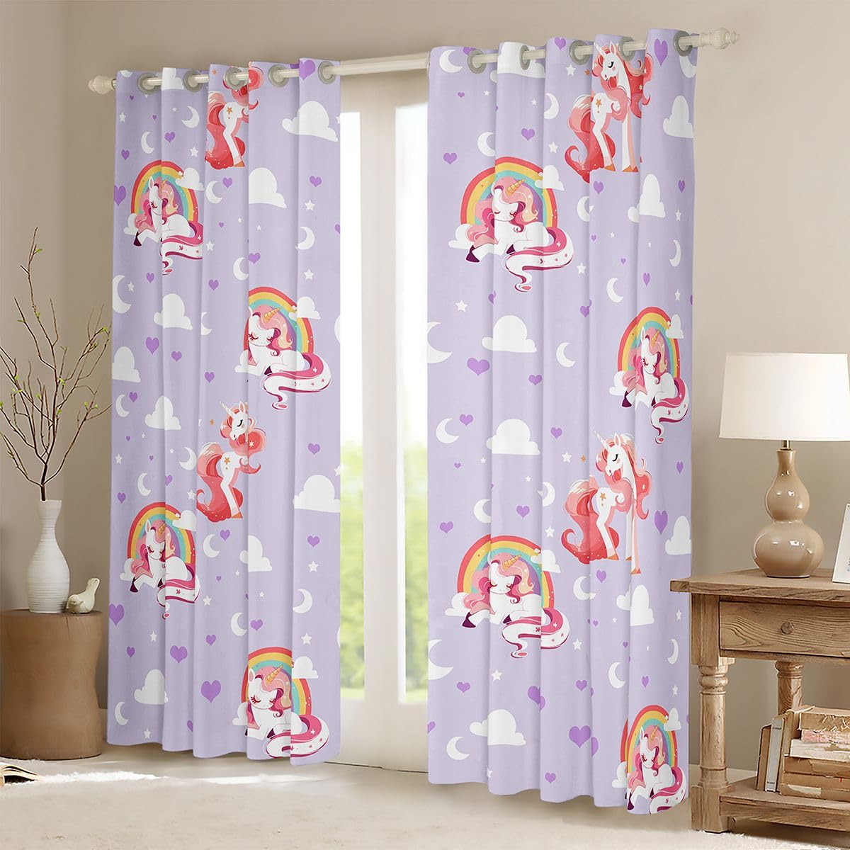 Homewish Tende per finestre con unicorno, 168 x 228 cm, set di 2 pannelli, tende oscuranti arcobaleno viola rosa tende per finestre galassia stelle fantasy per camera da letto