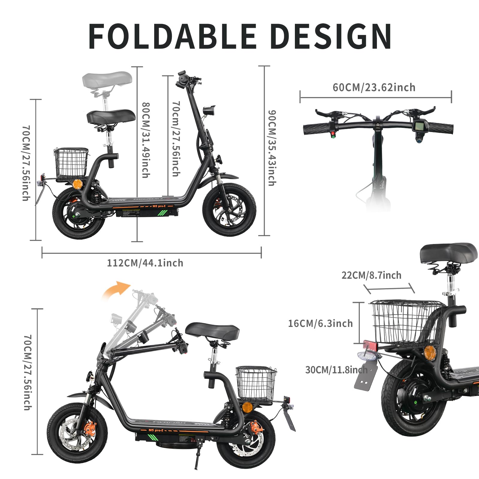 TWOFISH E Moped mit Straßenzulassung, Elektro Motorrad für Erwachsene mit 500W Motor 48V 13Ah Akku, 12/14 Zoll Reifen, IPX4, Display, Rückspiegel, Stoßdämpfendes Design