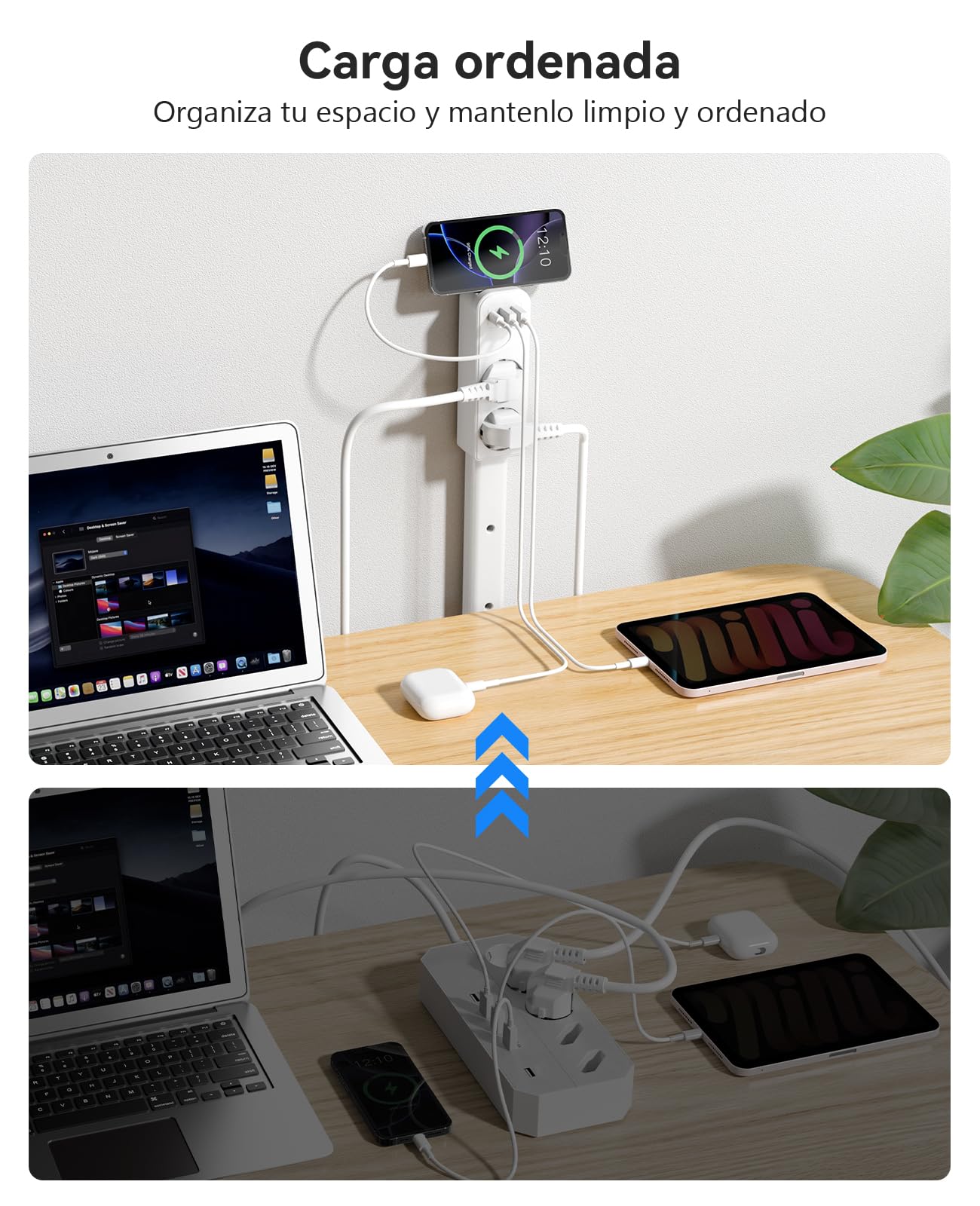 Regletas Enchufes 2 Tomas, 2 Puertos USB-A y 1 USB-C, Regleta Múltiple con 3 Extensión, Apta para Enchufes de Difícil Acceso Detrás del Sofá, Mesita de Noche, Escritorio — view 6
