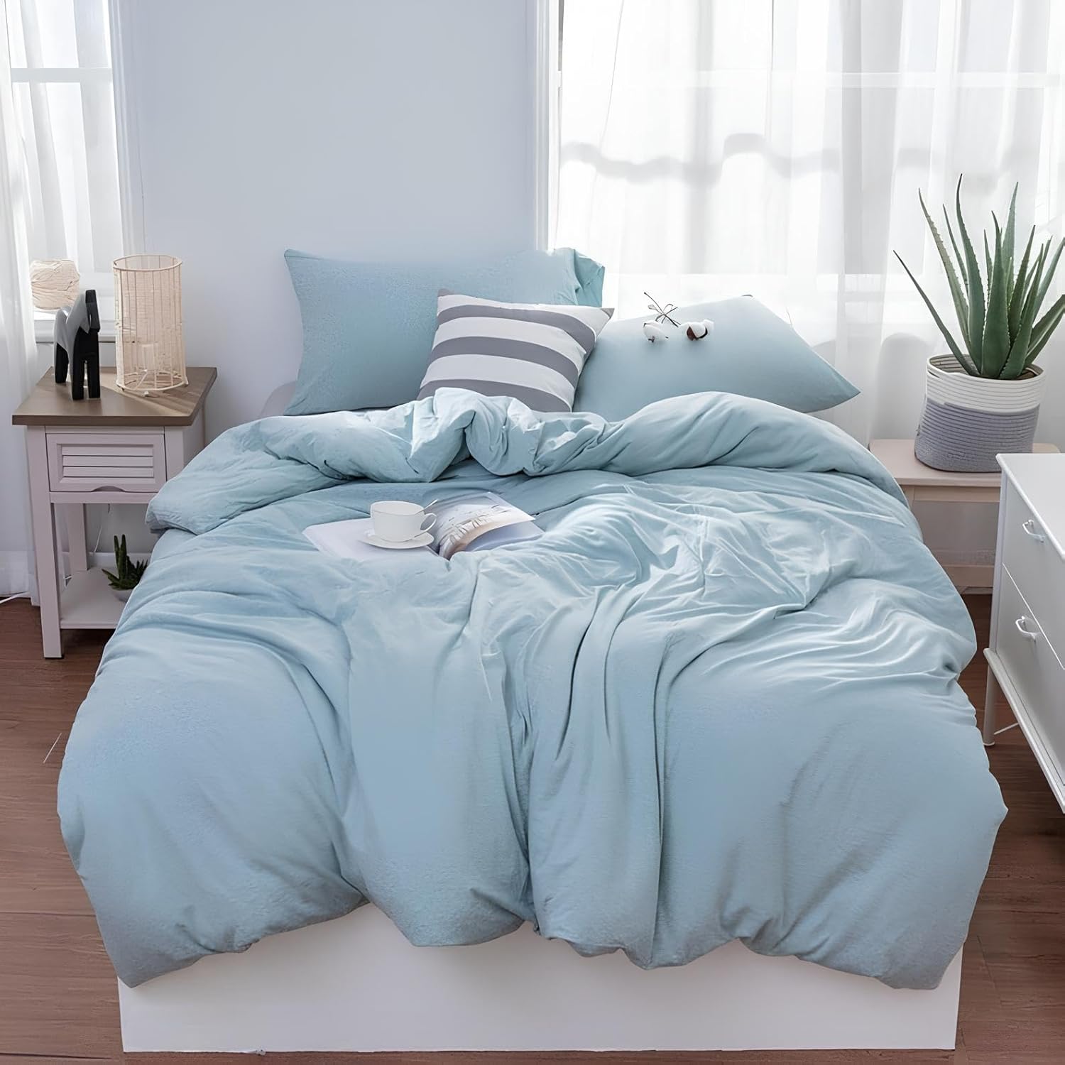 INDACORIFY Cotton Duvet Cover Sky Blue Stonewashed Cotton Bedding Donna Quilt Cover Queen Twin King Euro and Custom Size Duvet Cover (Single 56X84)