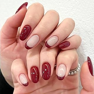 Press on Nails Short Oval Fake Nails with Burgundy French Tip Design Glue on Nails Burgundy Full Cover Nails Press ons Glossy Acrylic False Nails Artificial Stick on Nails for Women Girls 24Pcs