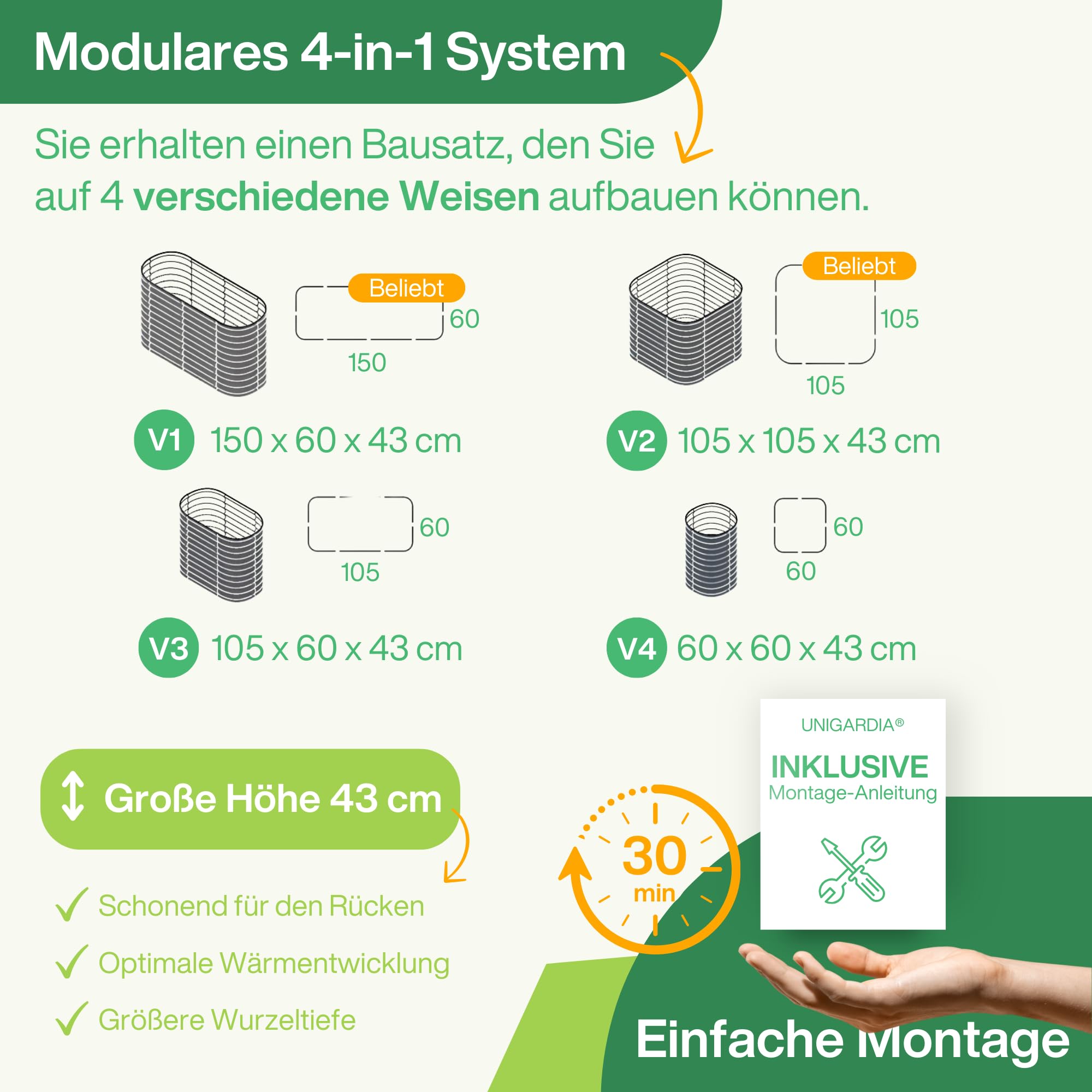 UNIGARDIA Bancal de metal 150 x 60 x 43 cm – Kit modular 4 en 1 – bancal alto inoxidable para jardín de acero Zn-Al-Mg de – Vida útil mínima de 20 años