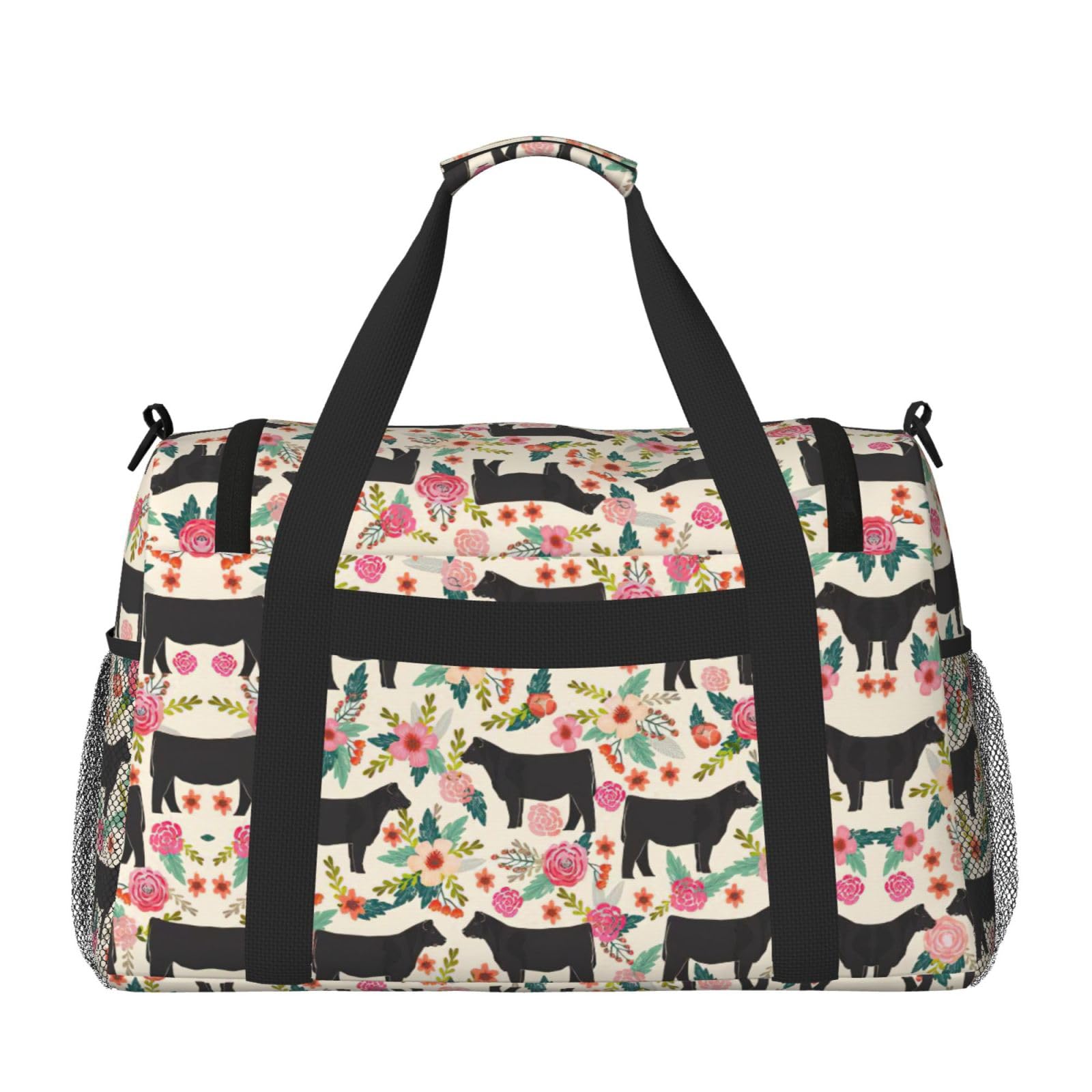 Pink Flower Show Steer Cows Bydło Podróżna torba sportowa Torba weekendowa Weekender Overnight Carry On Hand Bag Trening Sport Szpital