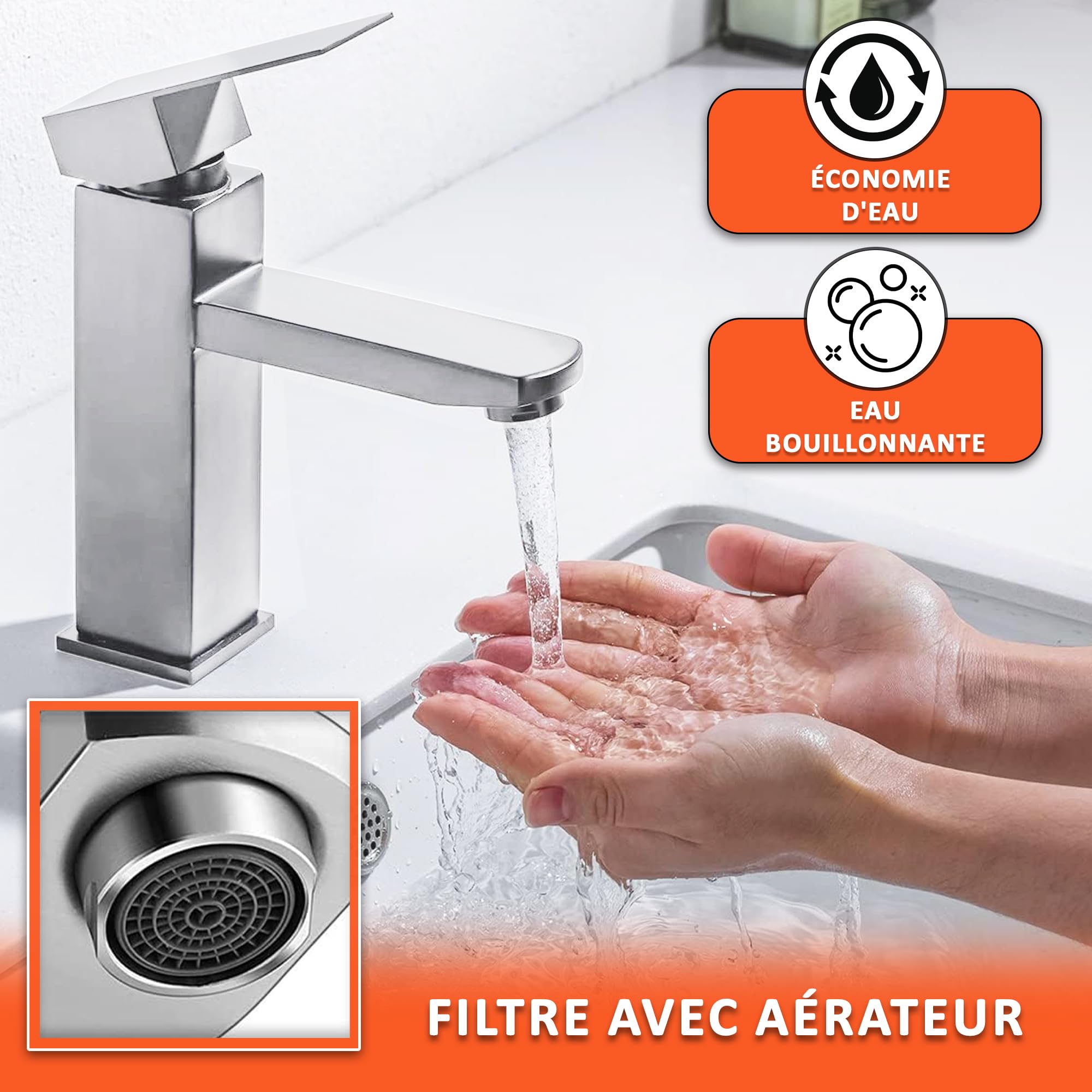 Robinet De Lavabo, Robinet D'eau Chaude Et Froide à Trou Unique En Acier Inoxydable Trefilage Eleve 92849557