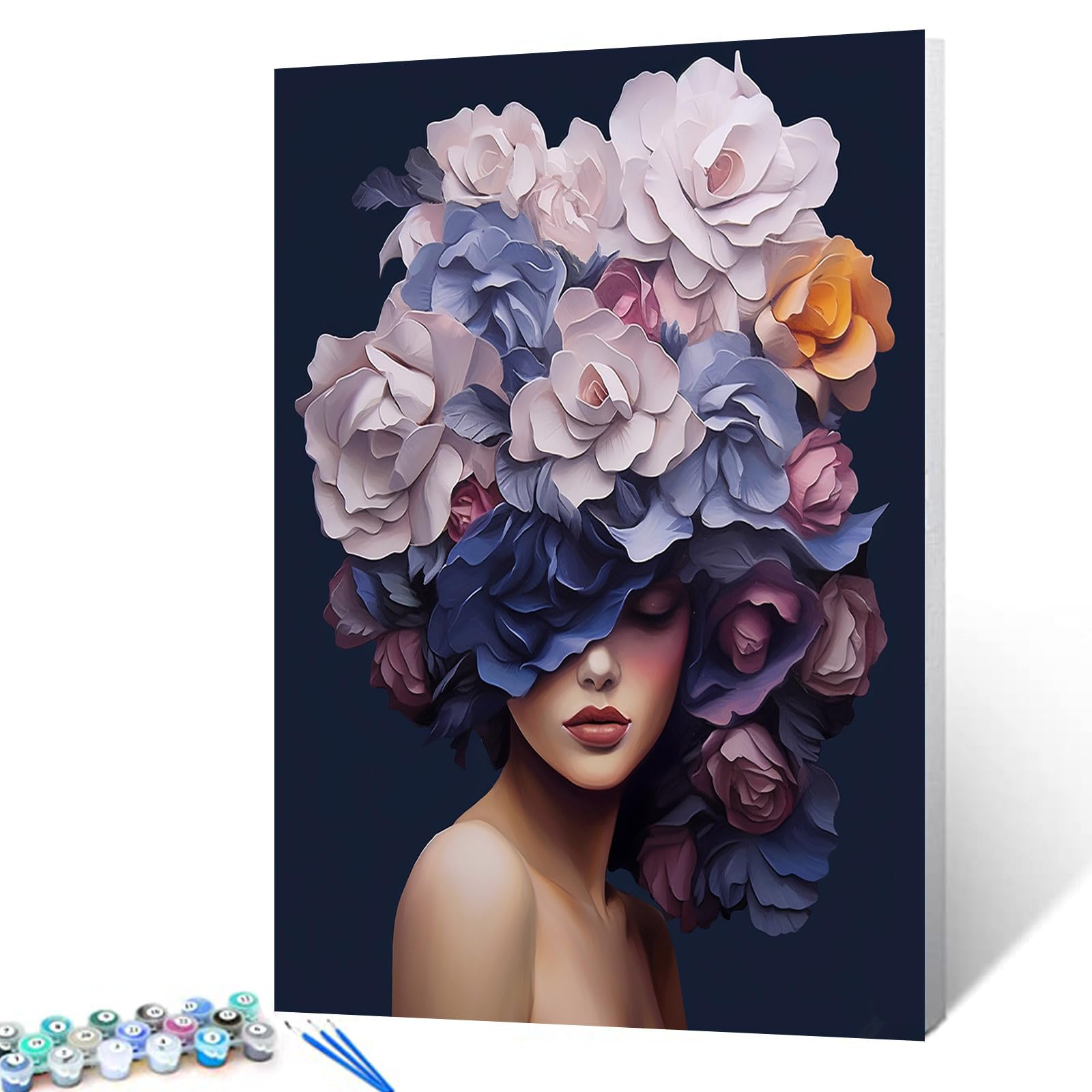TucocooModern Lady Flowers Oil Paint by Numbers for Adults Beginners Students Fashion Head DIY Acrylic Painting for Room Decor Canvas Birthday Gift Choice DIY Hangmade Crafts Artwork16x20inch Frame