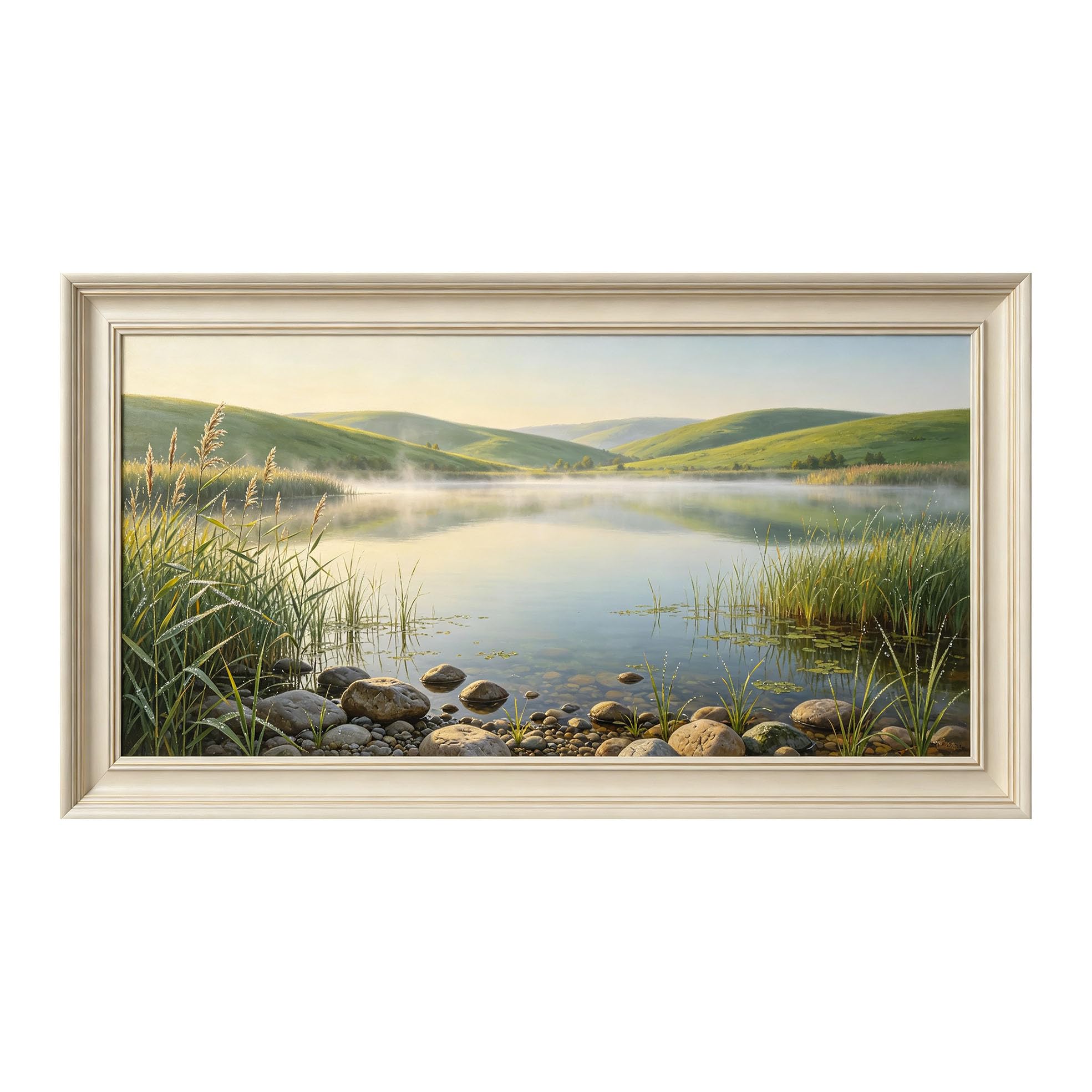 Yzpallescene 3D Framed Wall Art 50cm×100cm Misty Lake Meadow Landscape Panoramic Oil Painting Large Size SelfAdhesive Removable Wall Decor Prints Artwork for Living Room Bedroom Office