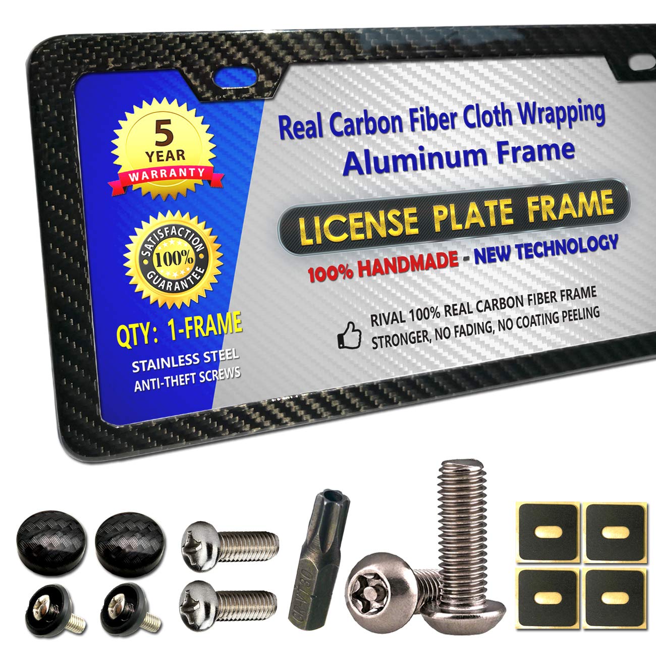 License Plate Frame Carbon Fiber - Aluminum License Plate Frames Handmade Covering 100% Real Carbon Fiber | Stainless Steel Tamper Proof License Plate Screws | CF Screw Cover | Black Slim Frame QTY 1