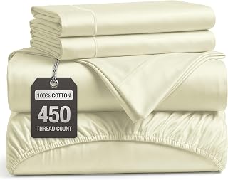 LANE LINEN 450TC Cotton Full Sheets - Silky Smooth Sateen Weave, Ivory