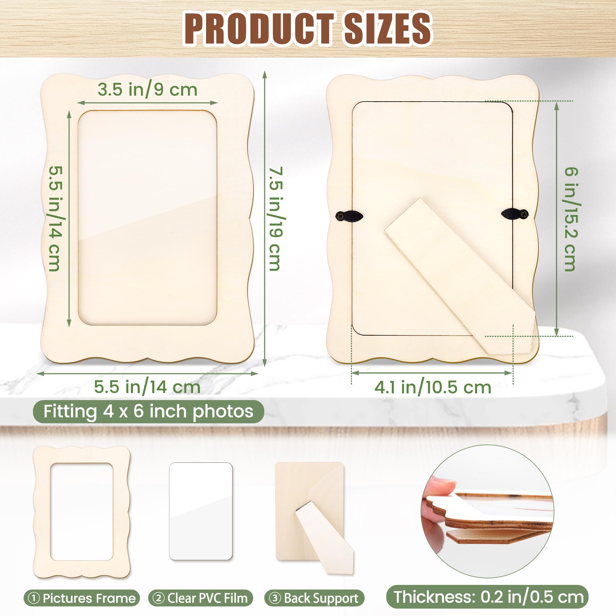 Fovths 15 cornici in legno grezzo per foto da 10 x 15 cm, bordo ondulato, set di cornici fai da te con copertura in PVC, per foto, cartoline, progetti artistici fai da te, decorazioni per la casa