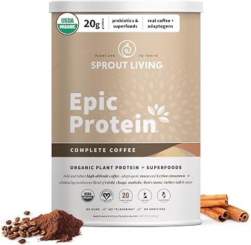 Sprout Living, Epic Protein, Plant Based Protein & Superfoods Powder, Complete Coffee | 20 Grams Organic Protein Powder, Adaptogens, Mushrooms, Vegan, Non-GMO, Gluten Free 2 Pound, 24 Servings