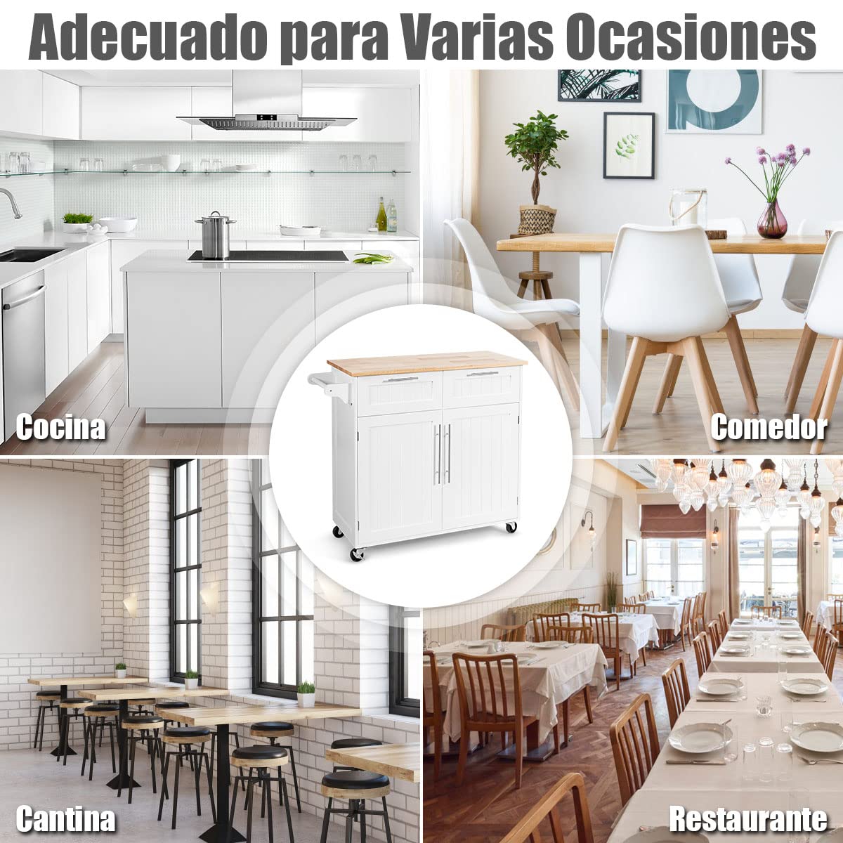 COSTWAY Carrito de Cocina, Carro de Cocina Giratorio con Cajones de Almacenamiento y Grandes Armarios, Carro de Servir, 4 Ruedas Universales y Toallero, 94 x 45 x 94,5cm (Blanco)