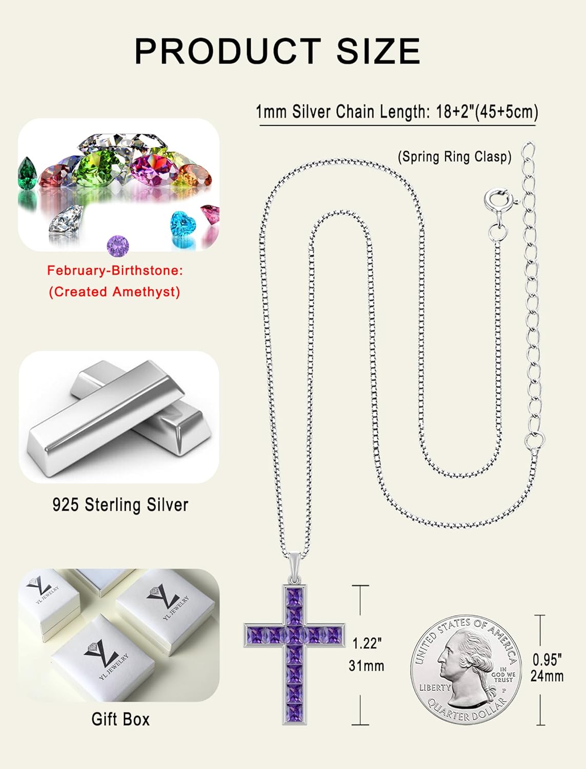 YL 925 Sterling Silver Cross Necklace for Women Halo Pendant Princess Cut Birthstone Jewelry for Mom