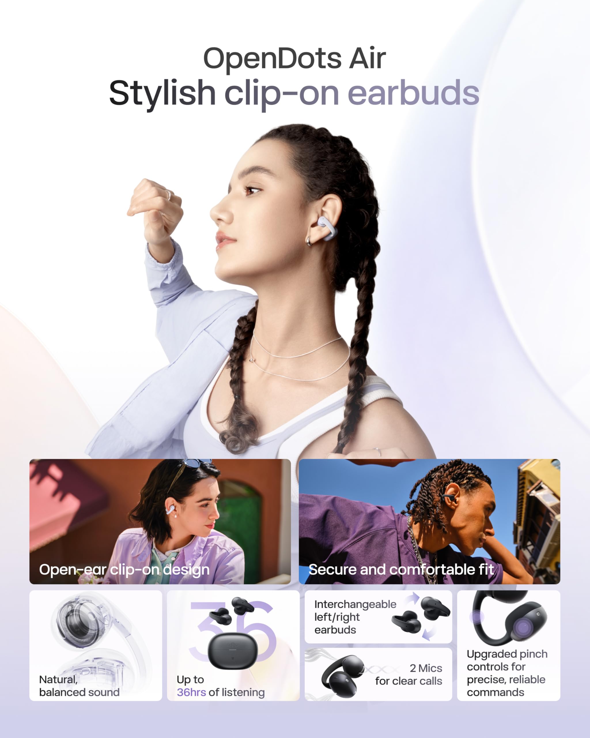 SHOKZ OpenDots Air cuffie open-ear clip-on, ultraleggere 6,3 g - Nero | bassi profondi, vestibilità sicura, 36 h di riproduzione, Bluetooth 6.1, riduzione rumore AI, IP55