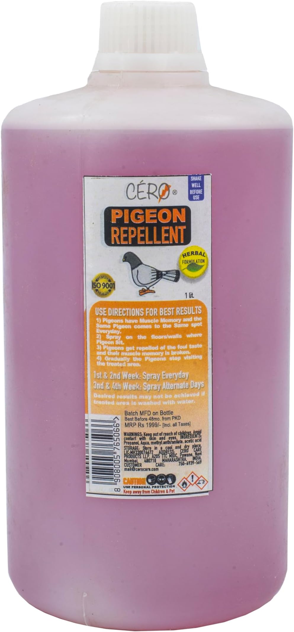 CERO New Herbal Pigeon Repellent for Balcony, Yard, Roof, Repel and Repulse, Unique Water Based Formulation, Better Than Anti Pigeon Spikes, Spray on Floor and Wall Where Bird Sit- 1Ltr