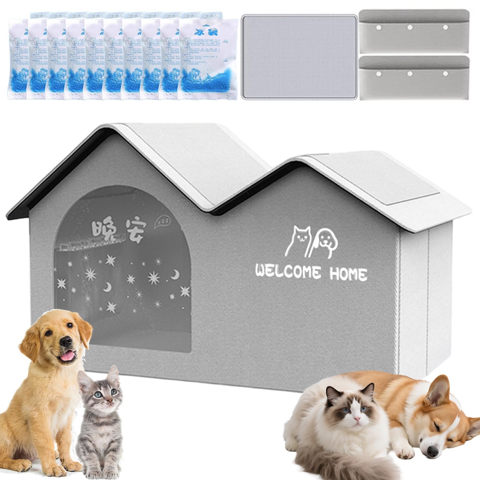 Premium Cat Cooling House with 10 Ice Packs - Foldable Air Conditioned Cat House and Dog House for Indoor Outdoor Summer Use - Weatherproof Outdoor Cat Bed (Gray, L (Within 30 catties))