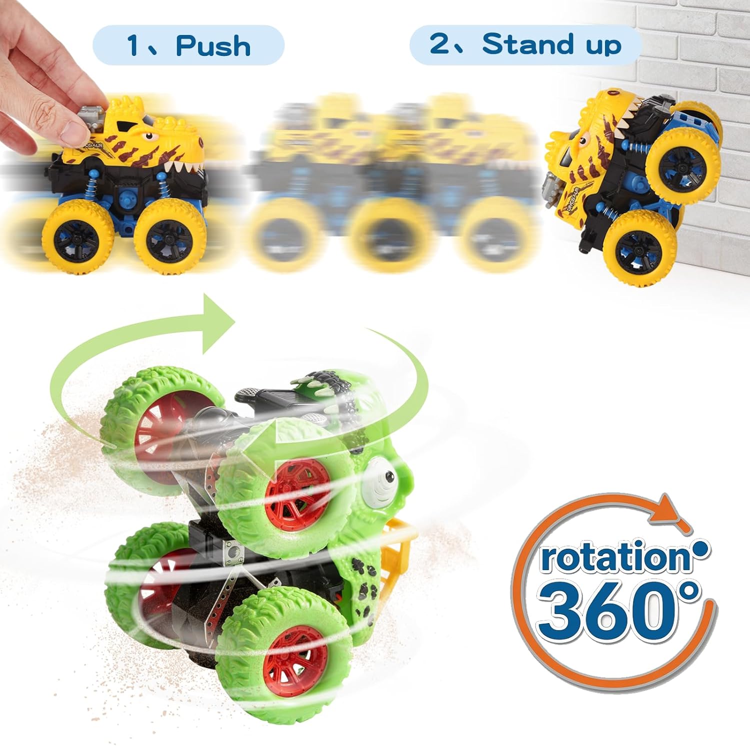 Dinosaur Toys for 2 3 4 5 Year Old Boys - 3 Pack Monster Truck Toys with Friction Power 360° Rotating Push and Go Cars for Toddlers Ages 2-4-6 - Boys Girls Birthday Gifts for Kids 3-5