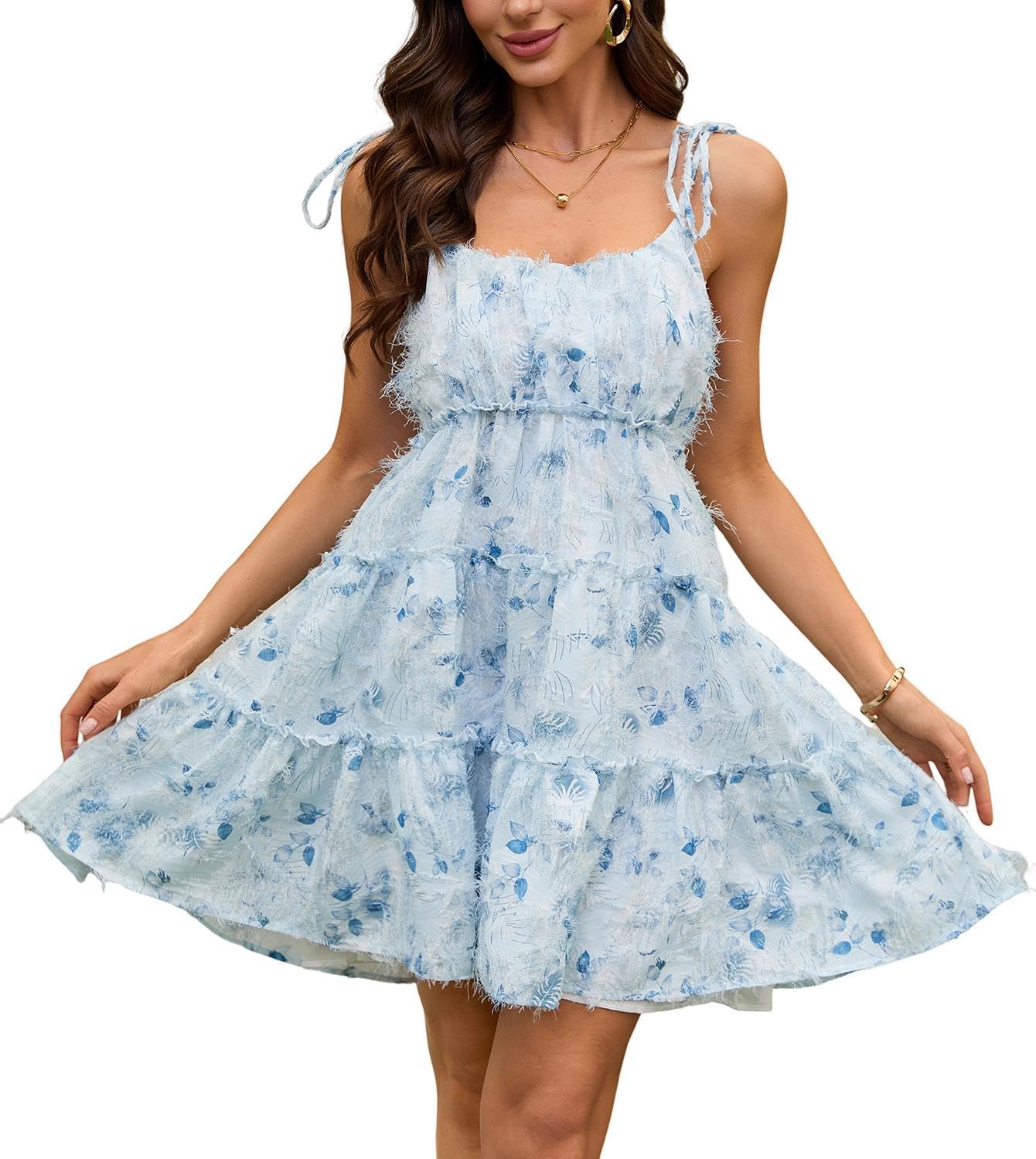 Women's Summer Floral Mini Dress Boho Stretch Mini Dresses Short Sleeveless Ruffle Spaghetti Strap Dress 2025