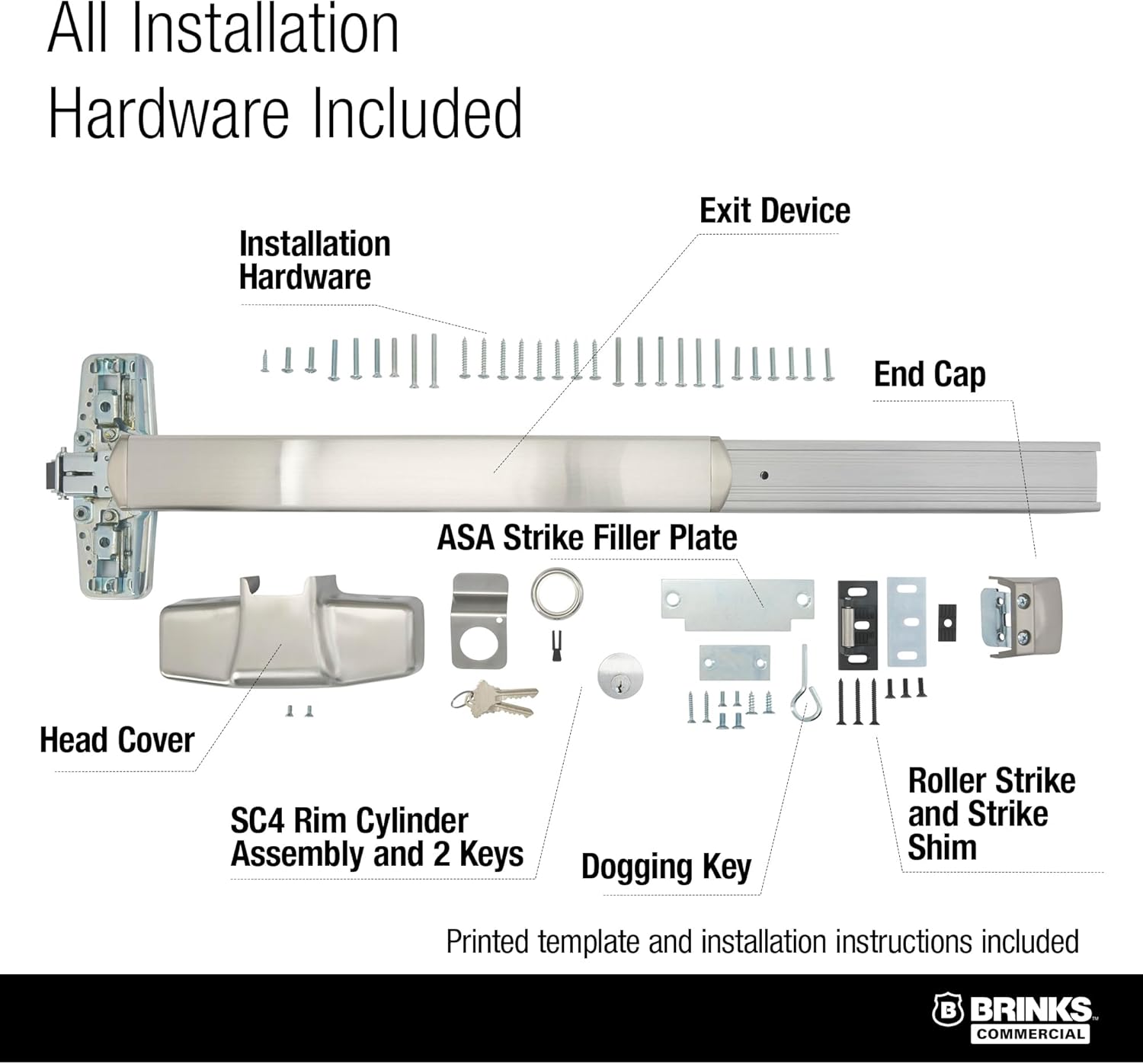 Brinks Commercial M91P Push Bar Door Exit Device and Night Latch, Panic Device, Rim exit bar, UL305 Compliant, Satin Stainless Steel