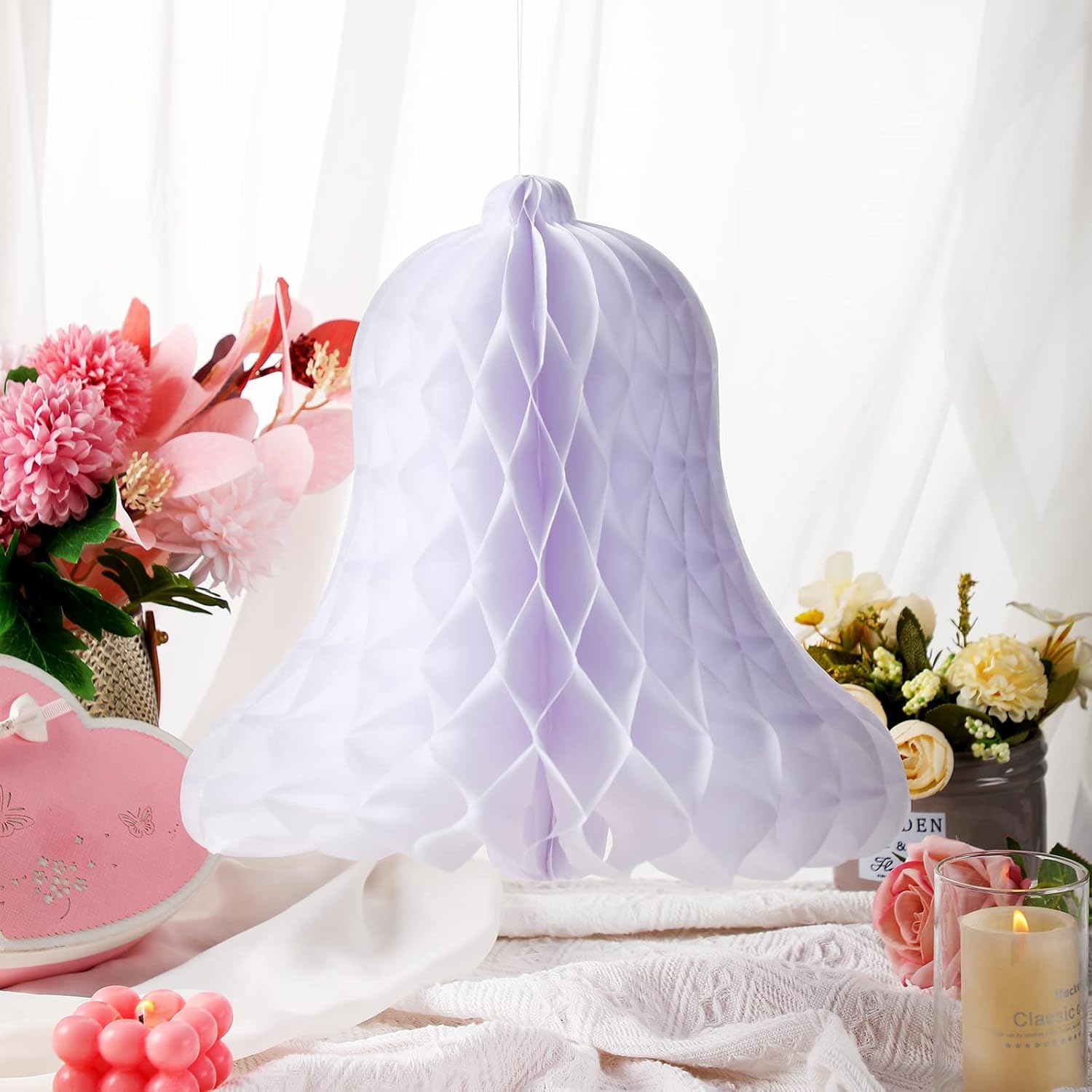 10 Pcs Wedding Bells Hanging Honeycomb Wedding Decorations Bridal Honeycomb Bells Decorating Supplies with 2 Rolls Ribbon for Reception for Weddings, Parties, 7.9 Inch,11.8 Inch(White)