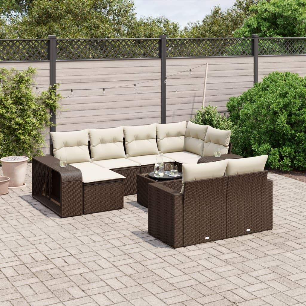 11-TLG. Garten-Sofagarnitur Braun aus Poly Rattan mit Kissen, wetterfestes Garten Möbel Set für Terrasse Balkon und Wintergarten, Lounge Essgruppe mit Tisch, Sofa, Stuhl, Regal