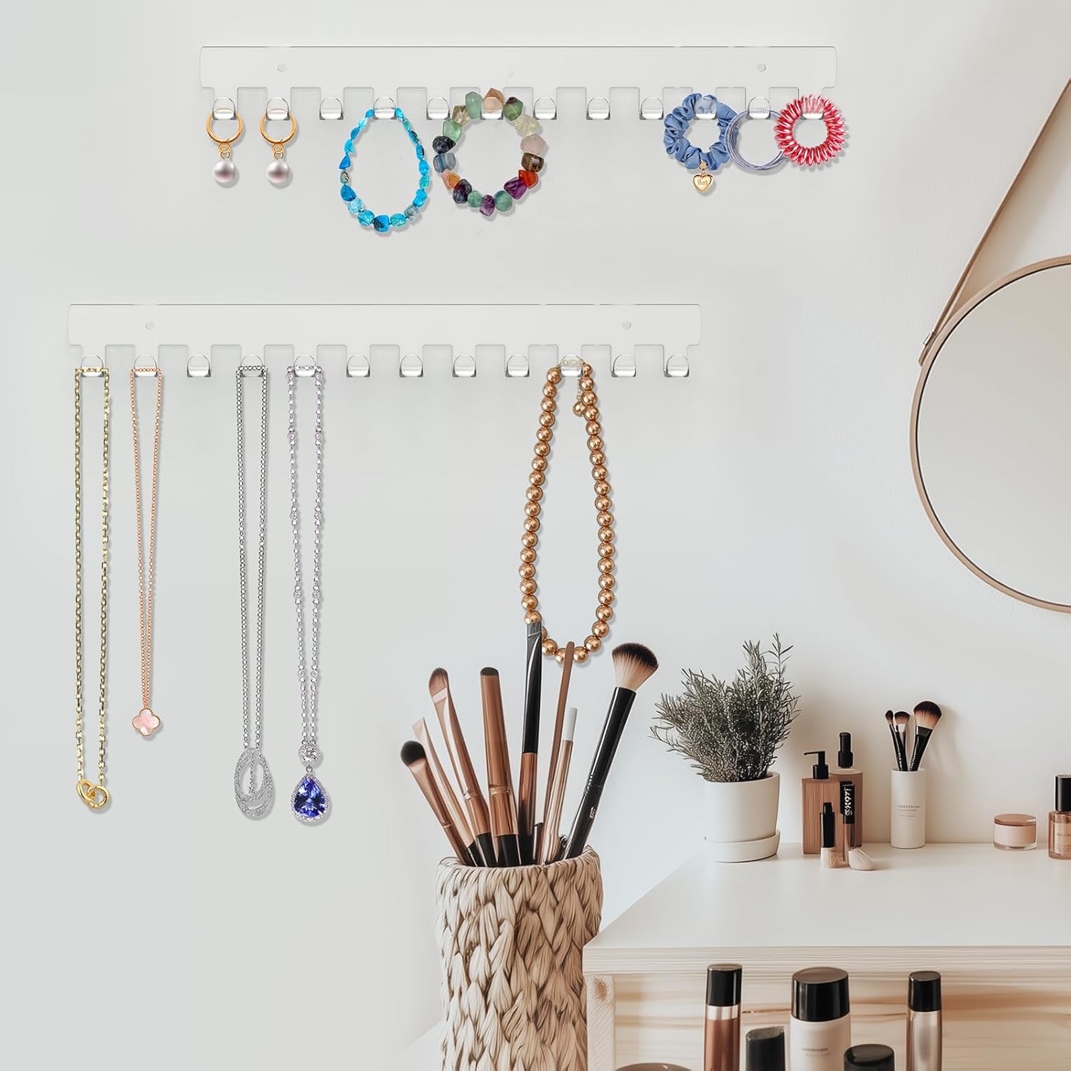 2 Pack Necklace Holder - Hanging Jewelry Organizer, Self-Adhesive, Wall Mount (Clear)