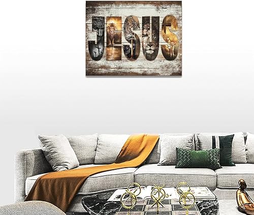 Vista 5 de Póster en lienzo con imágenes de Jesús, león y cordero, impresión en lienzo con texto en inglés "God Bible Christian Religios" para pared, pintura