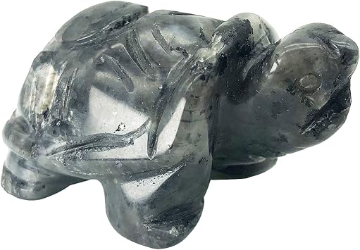 2 Inches Stone Turtle Statue, Hand-Carved Tortoise Animal Figurine Fengshui Sculpture Home Decoration, Black Labradorite