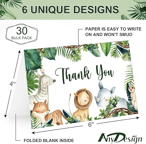 Miniatura 2 de AnyDesign Tarjetas de agradecimiento del bosque con sobres, calcomanías de safari selva, paquete de 30 tarjetas de felicitación de animales del