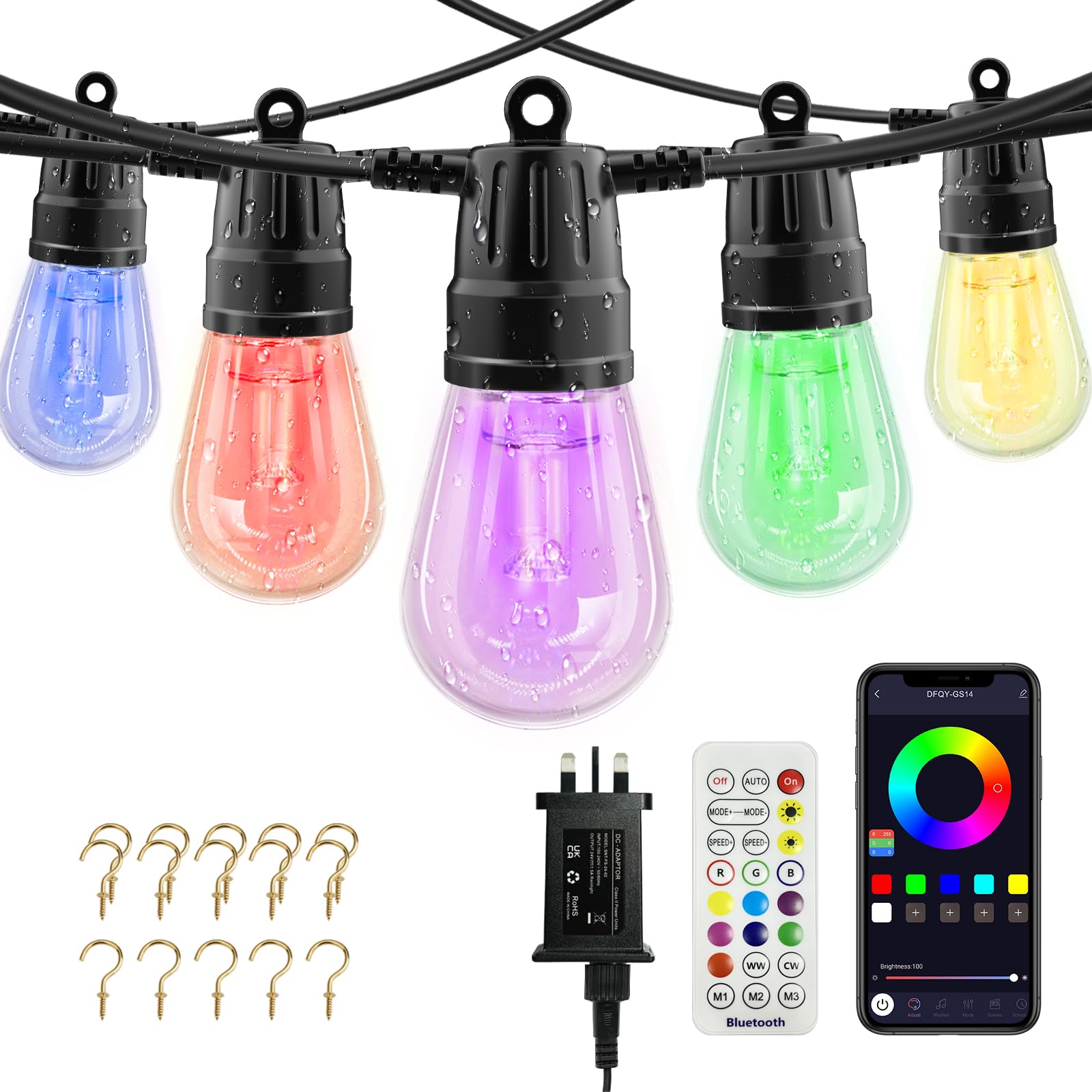 VonetaGarden String Lights,49FT/15m Festoon Lights Outdoor String Lights Waterproof with App & Remote,DIY Color Changing String Light & 15 Bulbs S14 Shatterproof Dimmable for Christmas,Backyard