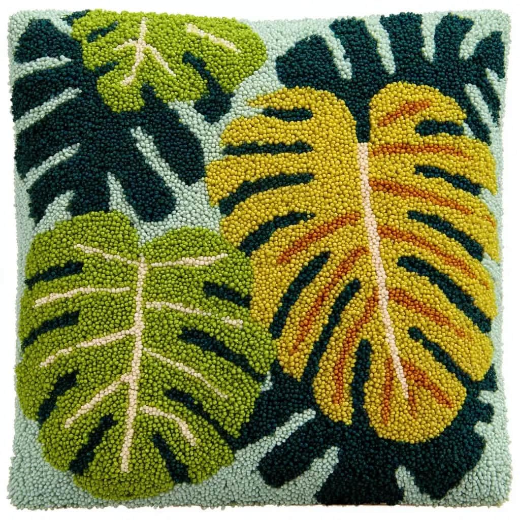 AxiangziK Latch Hook Pillow Kit for Adults,Leaves 17X17In Latch Hook Kit for Pillow Cover with Instruction for Beginner Cross Stitch Sofa Cushion Cover with Crochet Yarn for Beginners and Home Decor