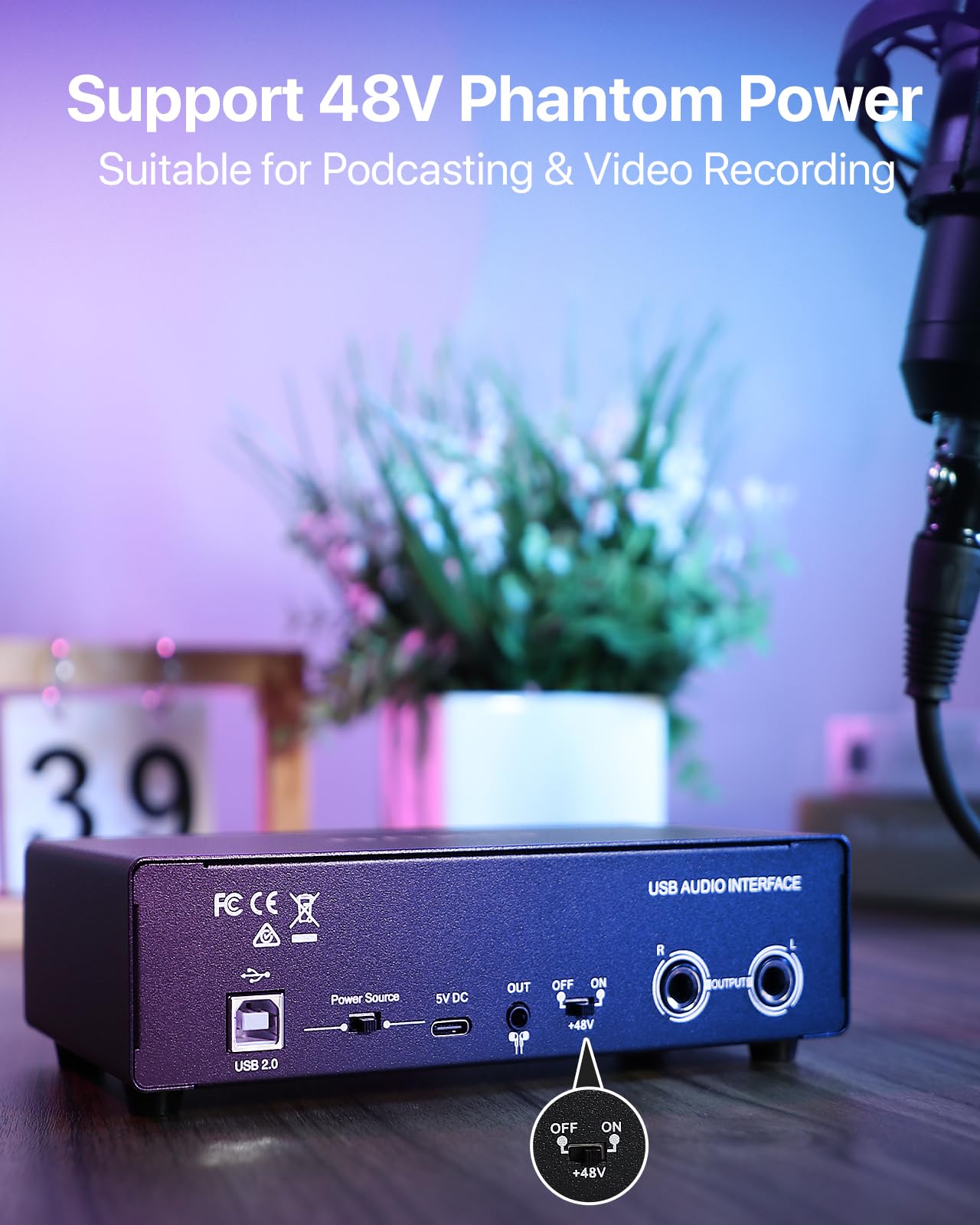 Scheda audio esterna,2×2 Interfaccia audio USB-C per PC,24 bit/192 kHz, Doppi ingressi TS/XLR,Alimentazione fantasma +48 V,per Studio/Podcast/Live Streaming (Nero))