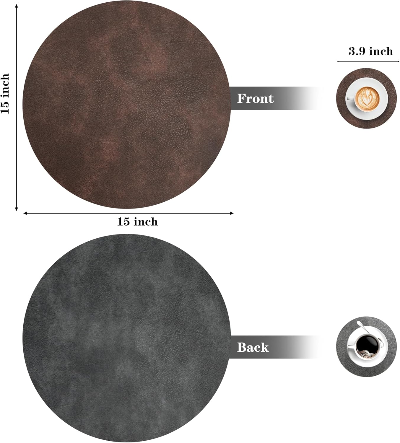 Round Placemats and Coasters Set of 8, Washable Reversible Faux Leather Placemats Cowhide Pattern Place Mats Wipeable Non-Slip 15 inch Round Kitchen Dining Table Mats (Gray Dark Coffee, 8)