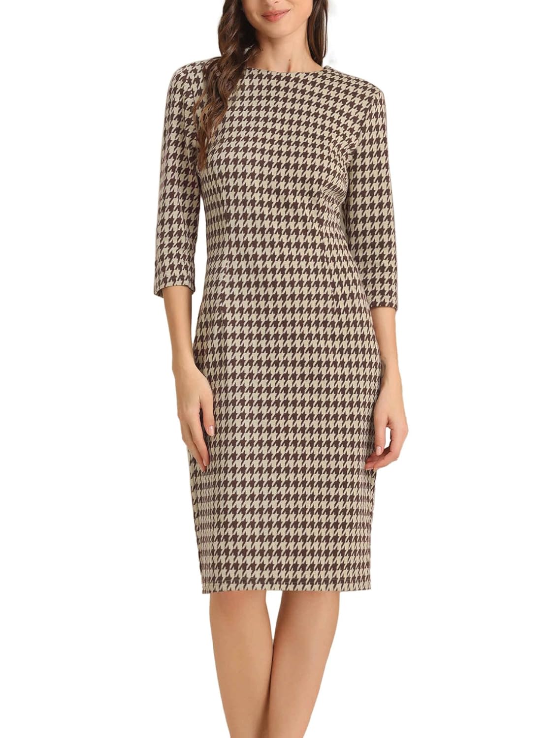 Allegra K Vintage Houndstooth Dress for Womens Elegant 3 4 Sleeve Bodycon Work Dresses