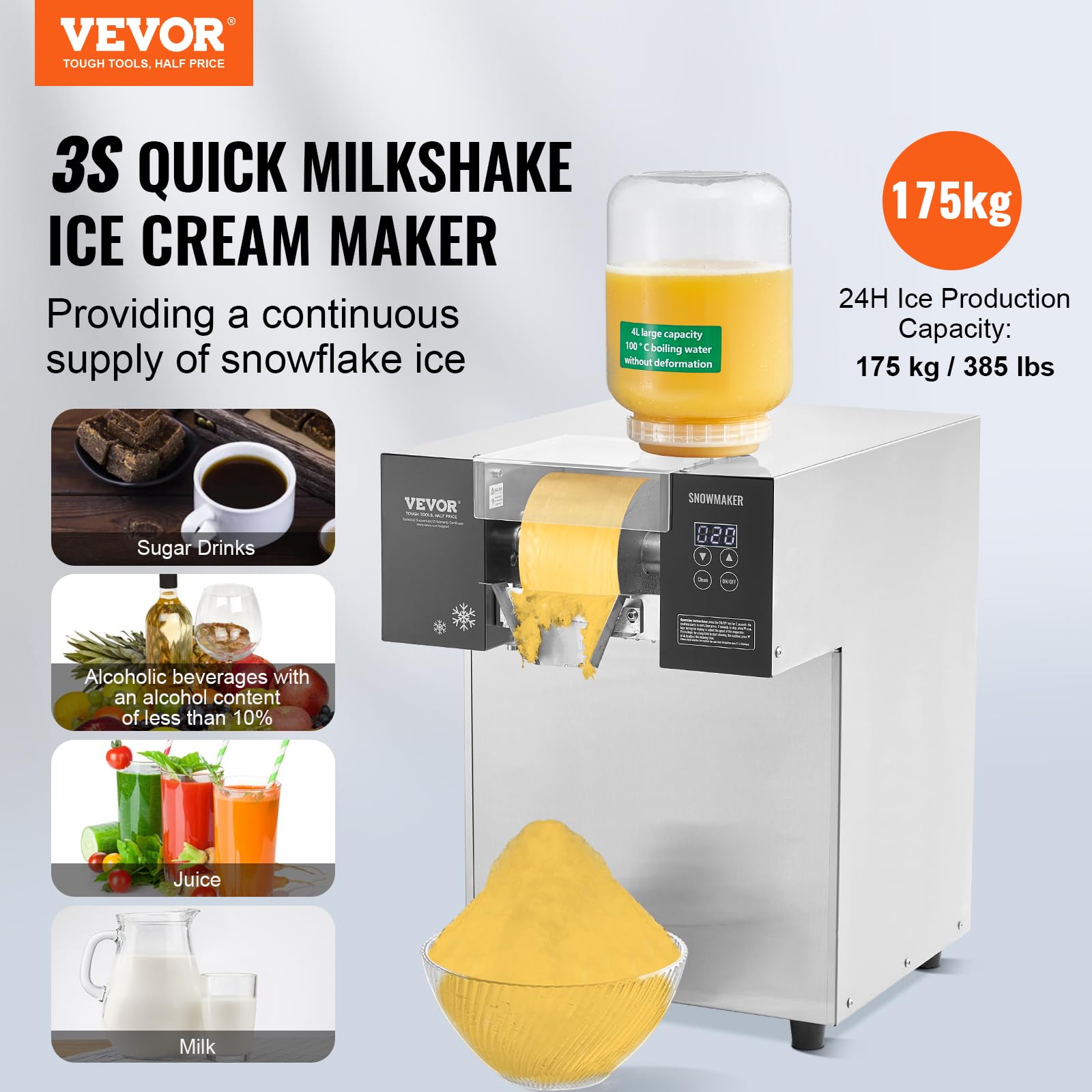 VEVOR Machine à Glace Râpée de Neige Commerciale, Machine à Râper la Glace 175 kg/24H, Machine à Glace Pilée en Inox, Système de Refroidissement par Liquide, Glace Rasée pour Dessert Boulangerie Café