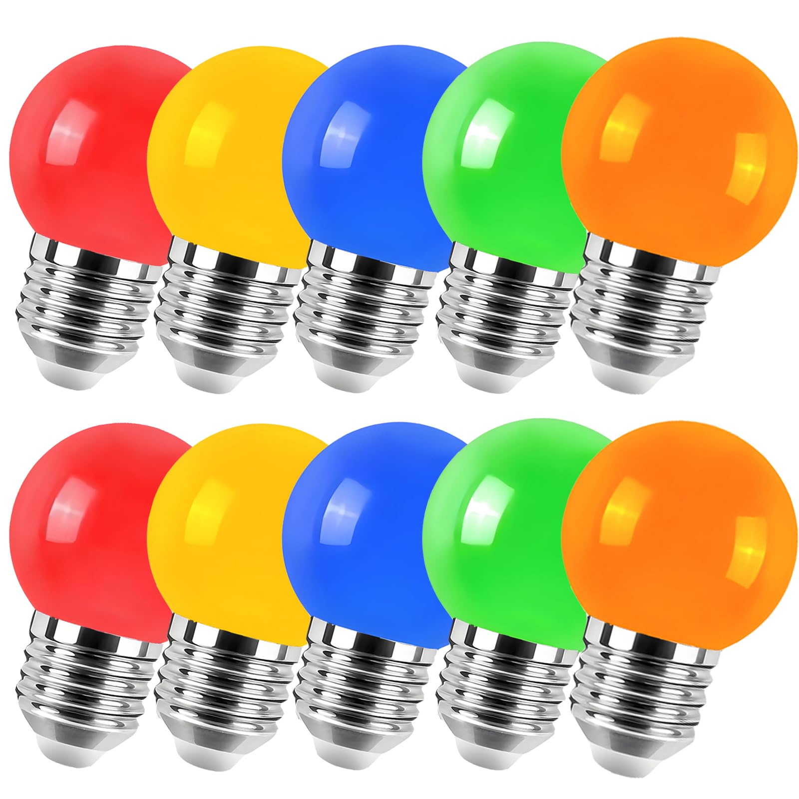 Jiotouhu 10 Pack Multicolored LED Bulbs E27 G45 2W Coloured Light Bulb, Golf Light for Outdoor Indoor Decorative, Christmas and Halloween, Red,Yellow, Blue, Green, Orange — image 1