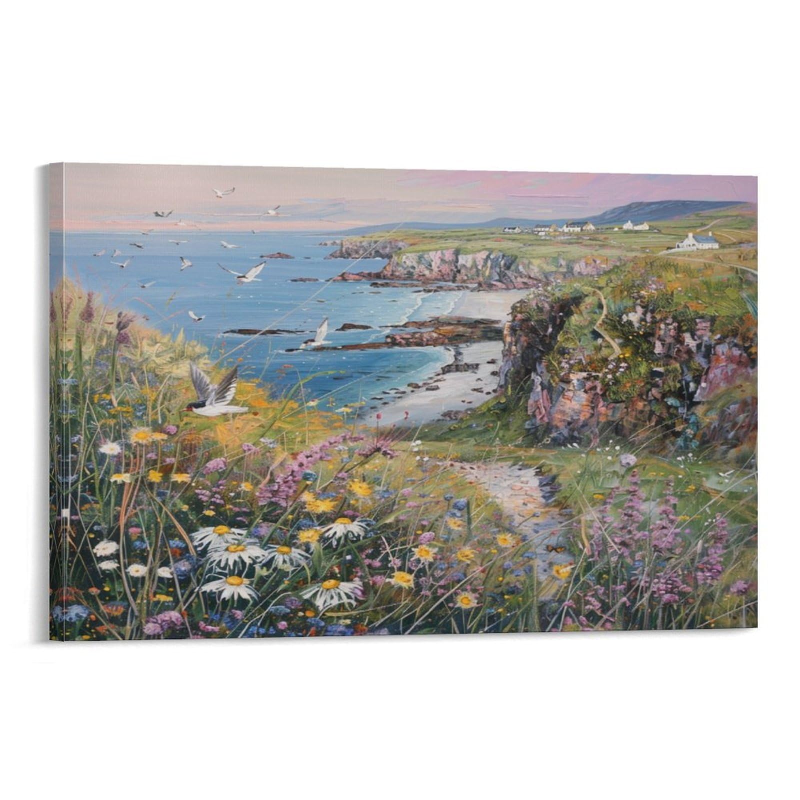 Euumkoo Framed Watercolor Beach Seagull Canvas Wall Art, Modern Ocean Seaside Cliff Picture Painting On Canvas, Print Poster Decoration Artwork For Home Living Room Bedroom Wall Decor Frame 16X24inch(40X60cm)