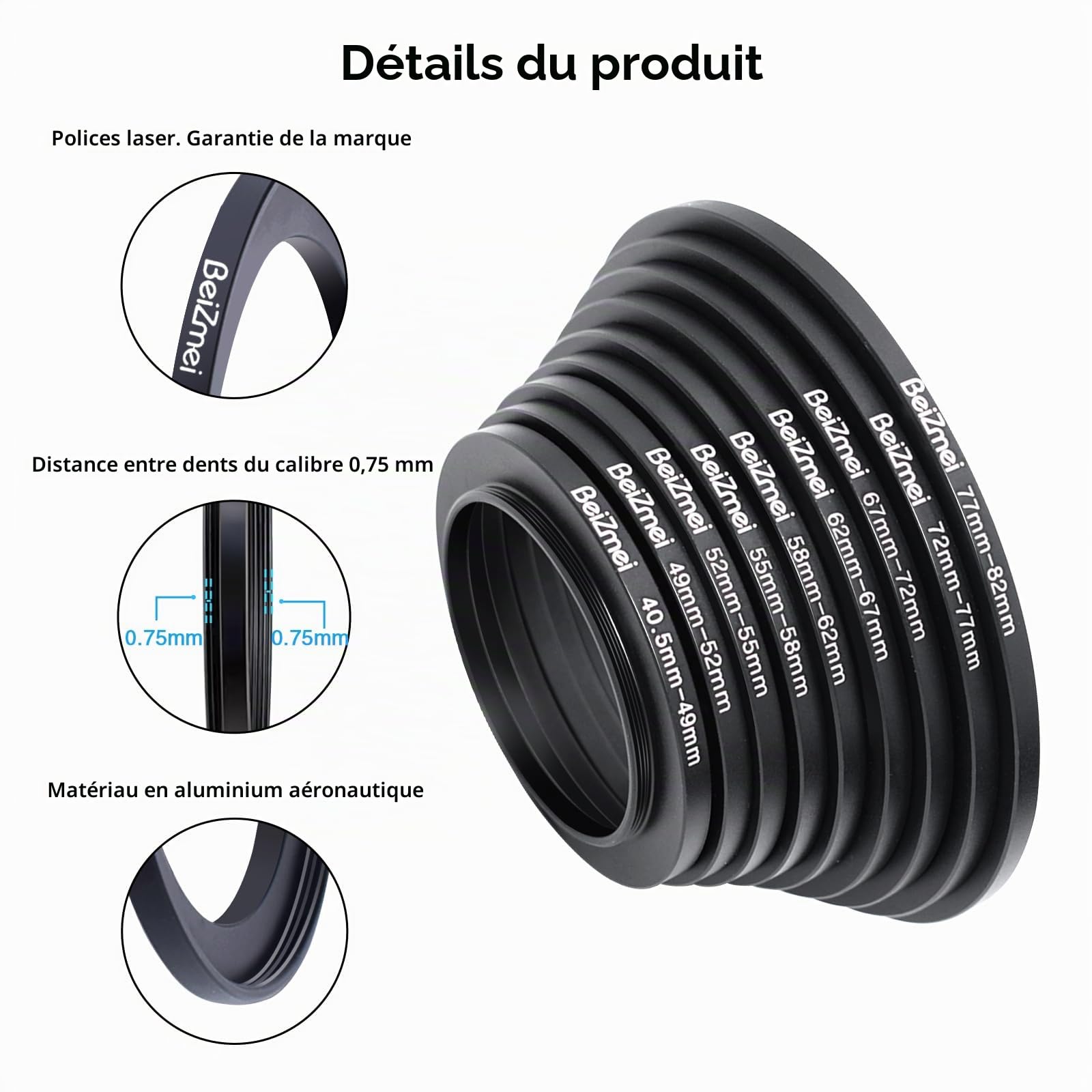 Set de 9 Anneaux adaptateurs Step-up fabriqués en Aluminium (métal),Include:40,5-49 mm, 49-52 mm, 52-55 mm, 55-58 mm, 58-62 mm, 62-67 mm, 67-72 mm, 72-77 mm, 77-82 mm (Chambre Filter Ring)