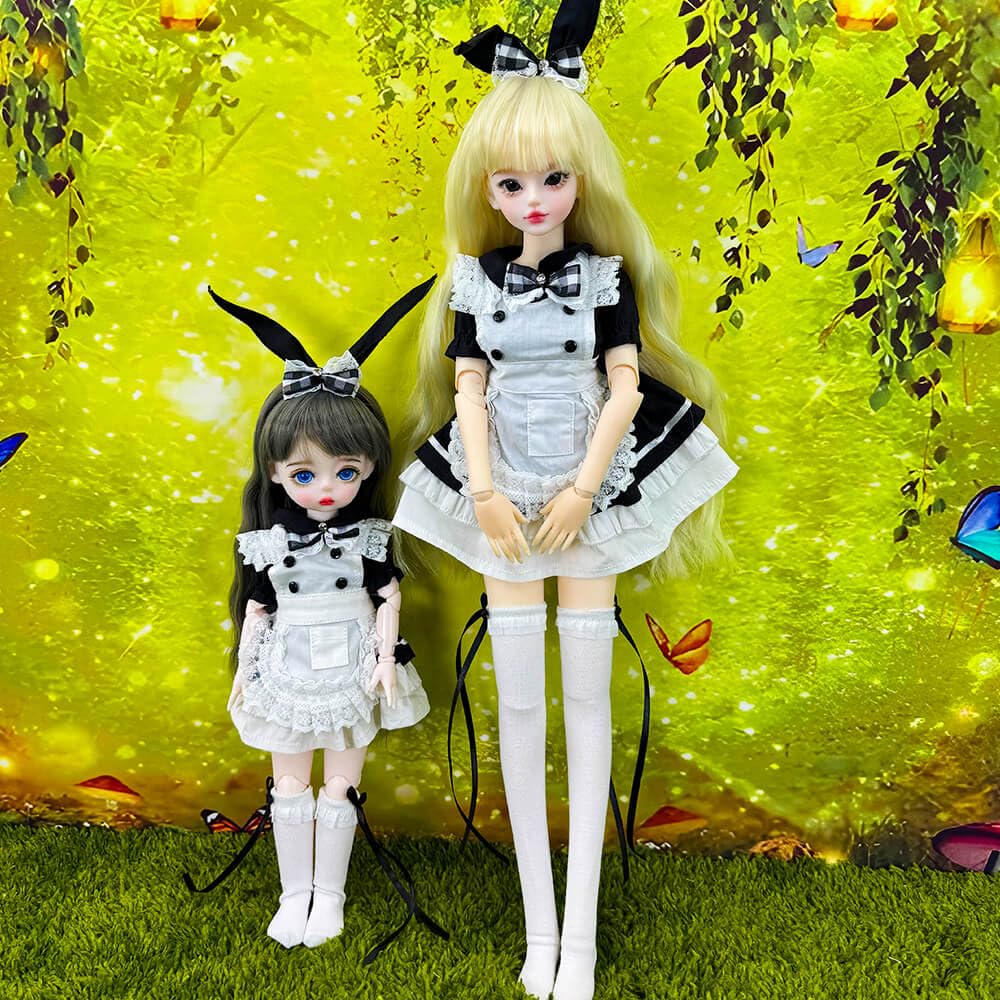 niannyyhouse 1/3 1/4 1/6 BJD Bambole Vestiti Vestiti Grembiule Copricapo Mutande Calzini Coniglietto Cameriera Vestito Snodato Bambole Accessori Vestire Regalo (1/4BJD), Nero, Bianco