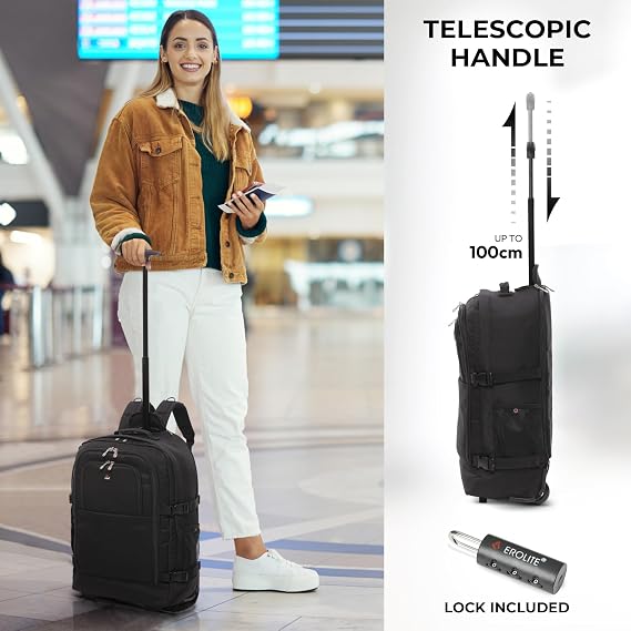 5 Cities 55x40x20cm Ryanair Priority Trolley Backpack, 41L, 2 Wheels | Fits Ryanair Priority, 41L, 2 Wheels, Lightweight, Carry On Trolley Flight Bag, Rucksack Suitcase, Cabin, Durable, Black