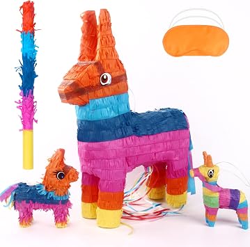 Donkey Pinata 3 Pack with Stick & Blindfold 21.7" XL With 2 Mini Pinatas Kids Birthday Cinco de Mayo Mexican Fiesta Party Decorations School Events Carnival Games