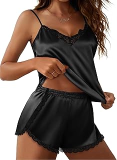 Ekouaer Satin Pajama Set for Women 2 Piece Silky Lingerie Sleepwear Lace Camisole Pj Shorts Set Soft Nightwear S-XXL