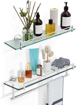 Glass Shelf for Bathroom 2 Pack,20-Inch Floating Glass Shower Shelf,Glass Shelf with Towel BarBrushed Nickel